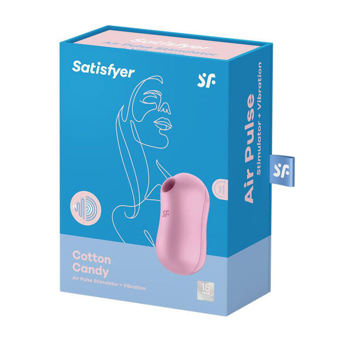 Caja rosa de estimulador Air Pulse Satisfyer con etiqueta Cotton Candy.