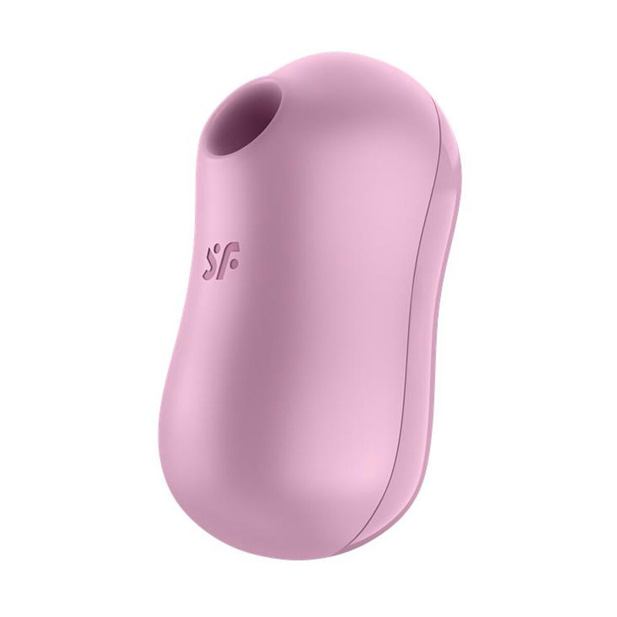 Vibrador rosa de forma lisa y redondeada, con un logotipo, sobre un fondo blanco.