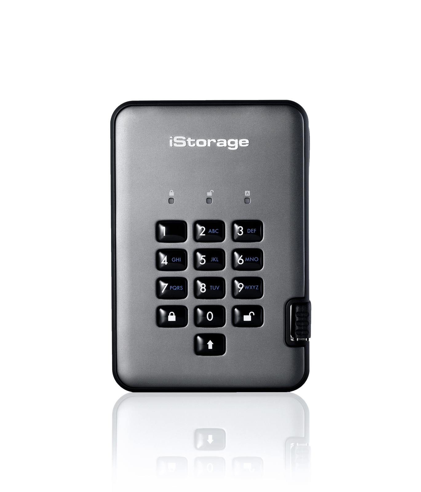 Disco rigido iStorage grigio con tastiera, pulsanti di blocco e numeri.