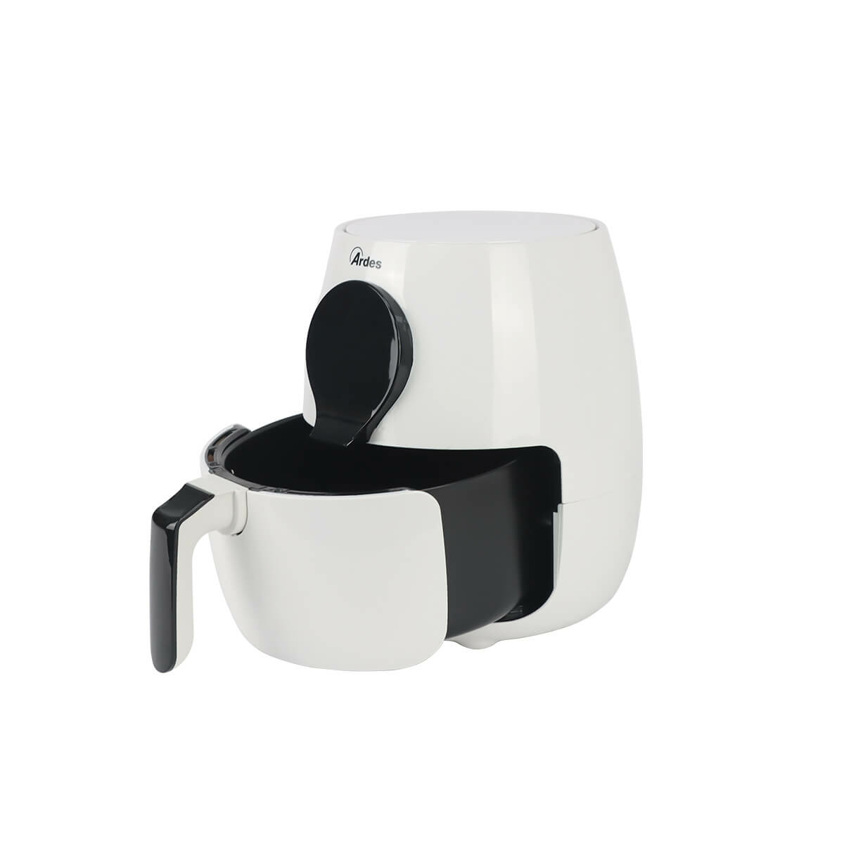 Biała i czarna frytkownica powietrzna z uchwytem i otwartym koszem.