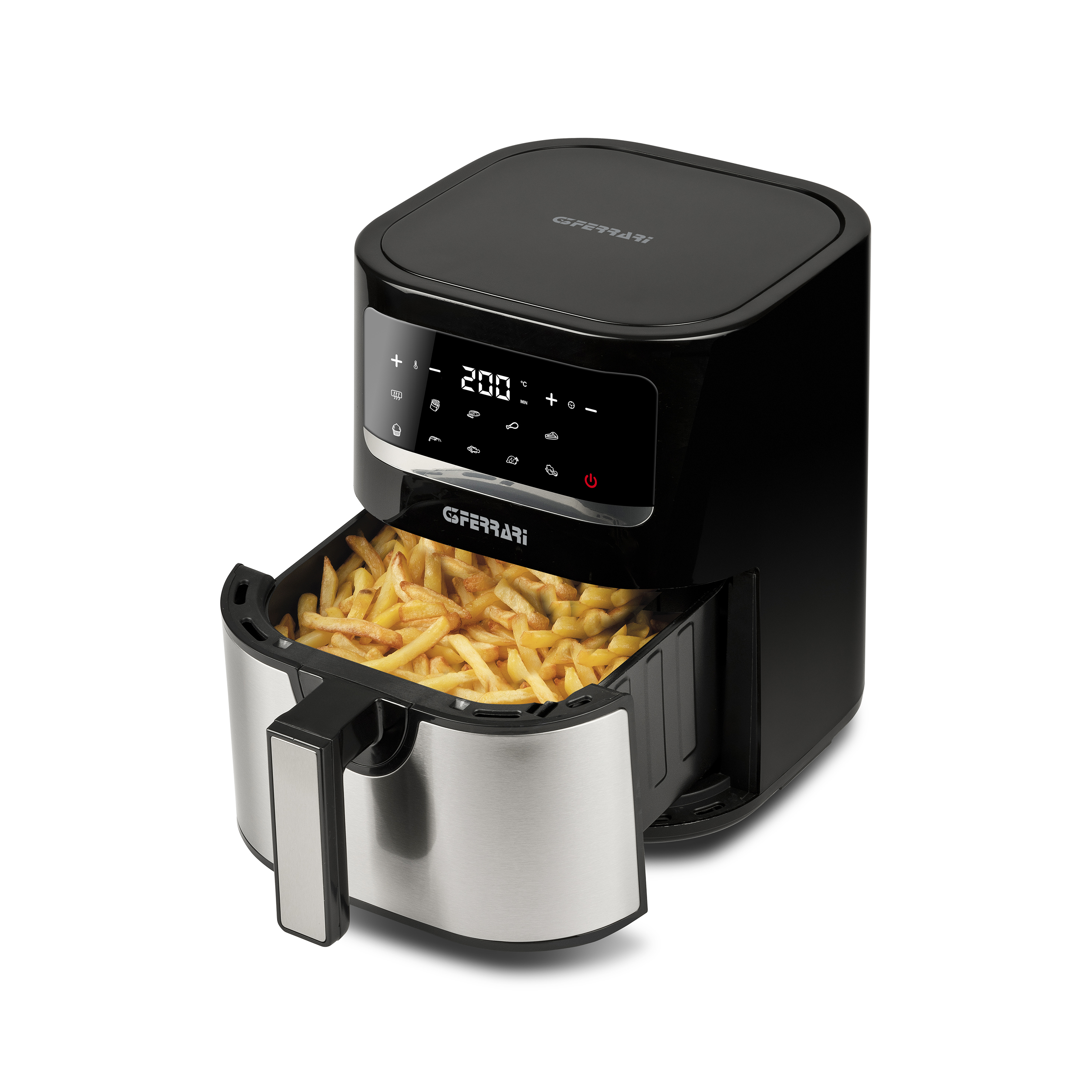 Airfryer met friet. Zwarte behuizing, zilveren handgreep en display. 'GFERRARI' logo zichtbaar.