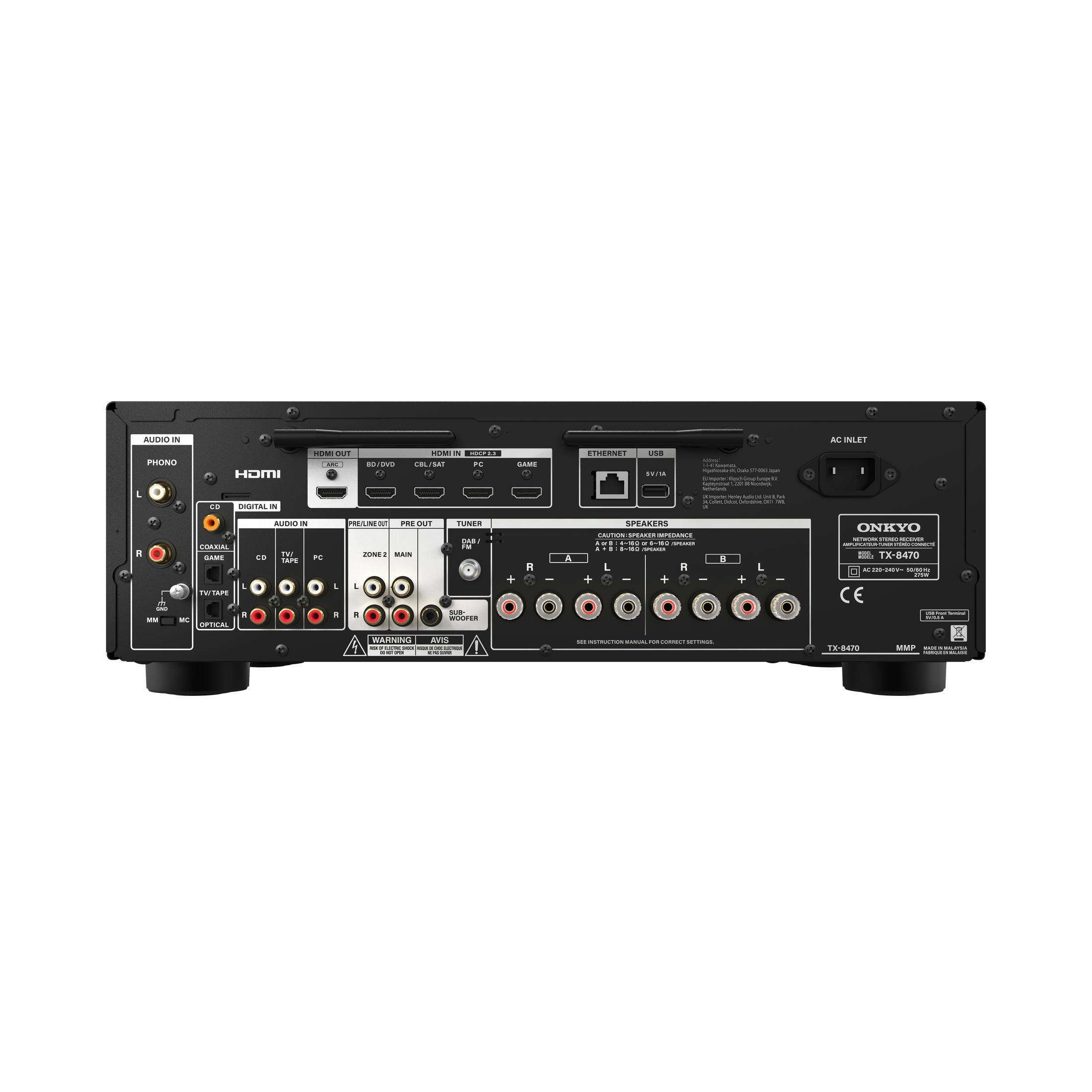 Rückansicht eines schwarzen Onkyo-Receivers mit verschiedenen beschrifteten Ein- und Ausgängen vor weißem Hintergrund.
