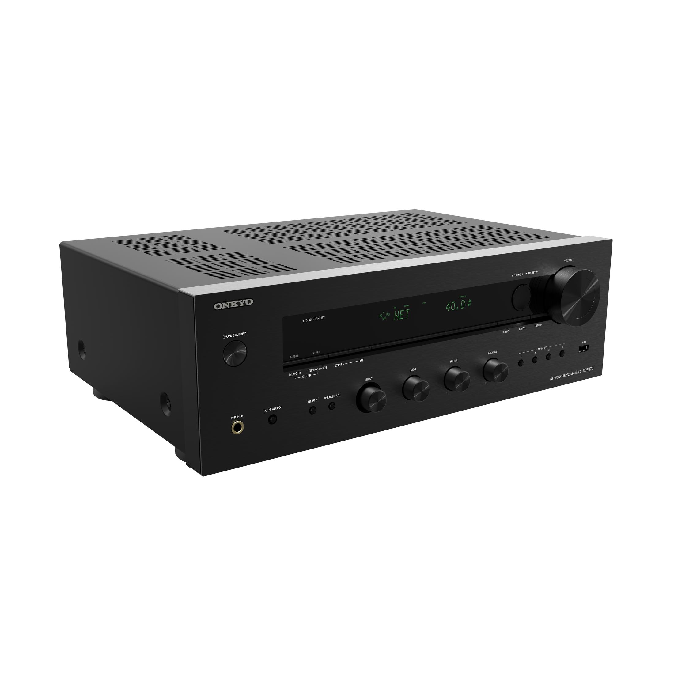 Schwarzer Audio-Receiver mit Display und Tasten. Enthält Lautstärkeregler und Ein-/Aus-Taste.