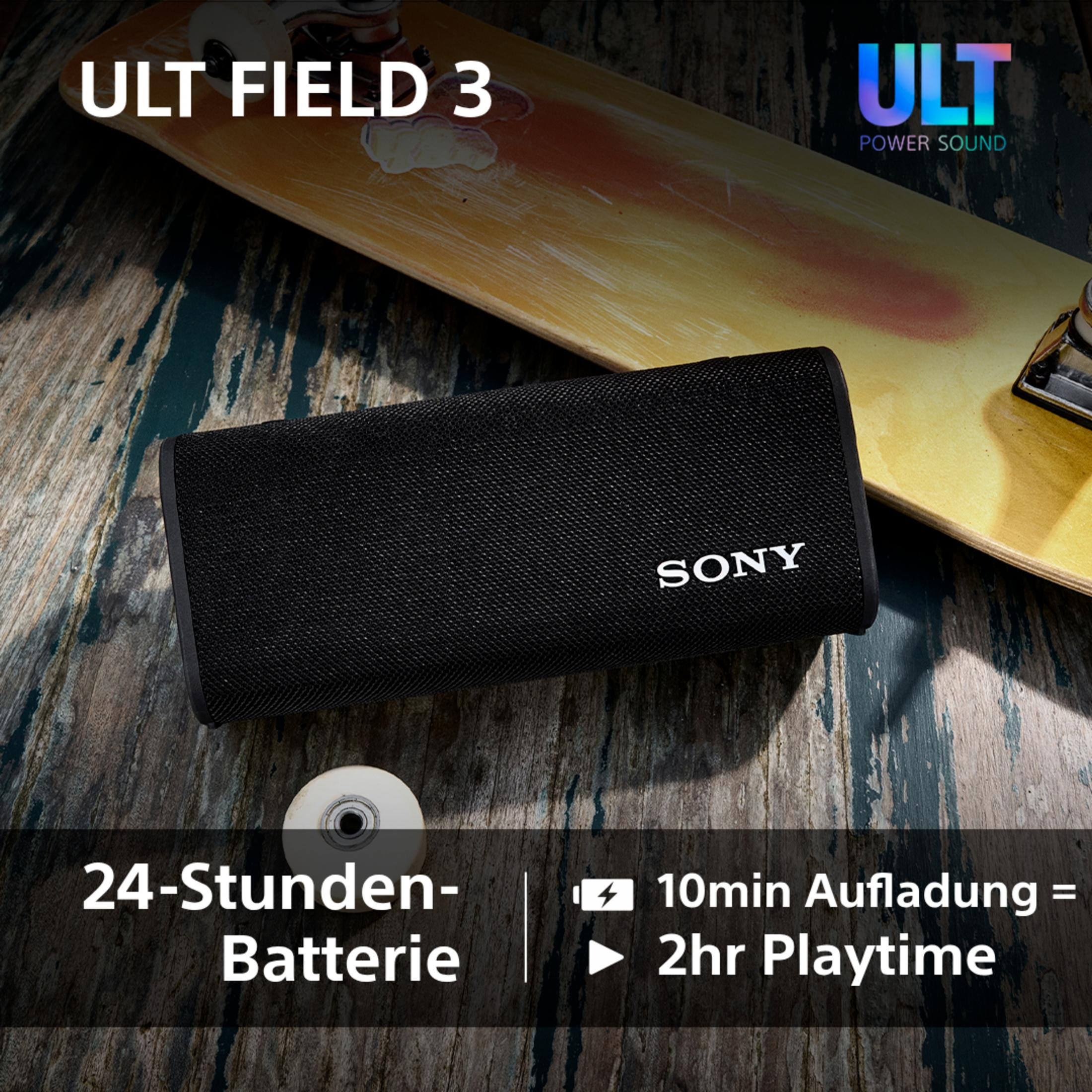 Schwarzer Lautsprecher mit Text, Skateboard und weißem Rad. Batterieinformationen werden bereitgestellt.