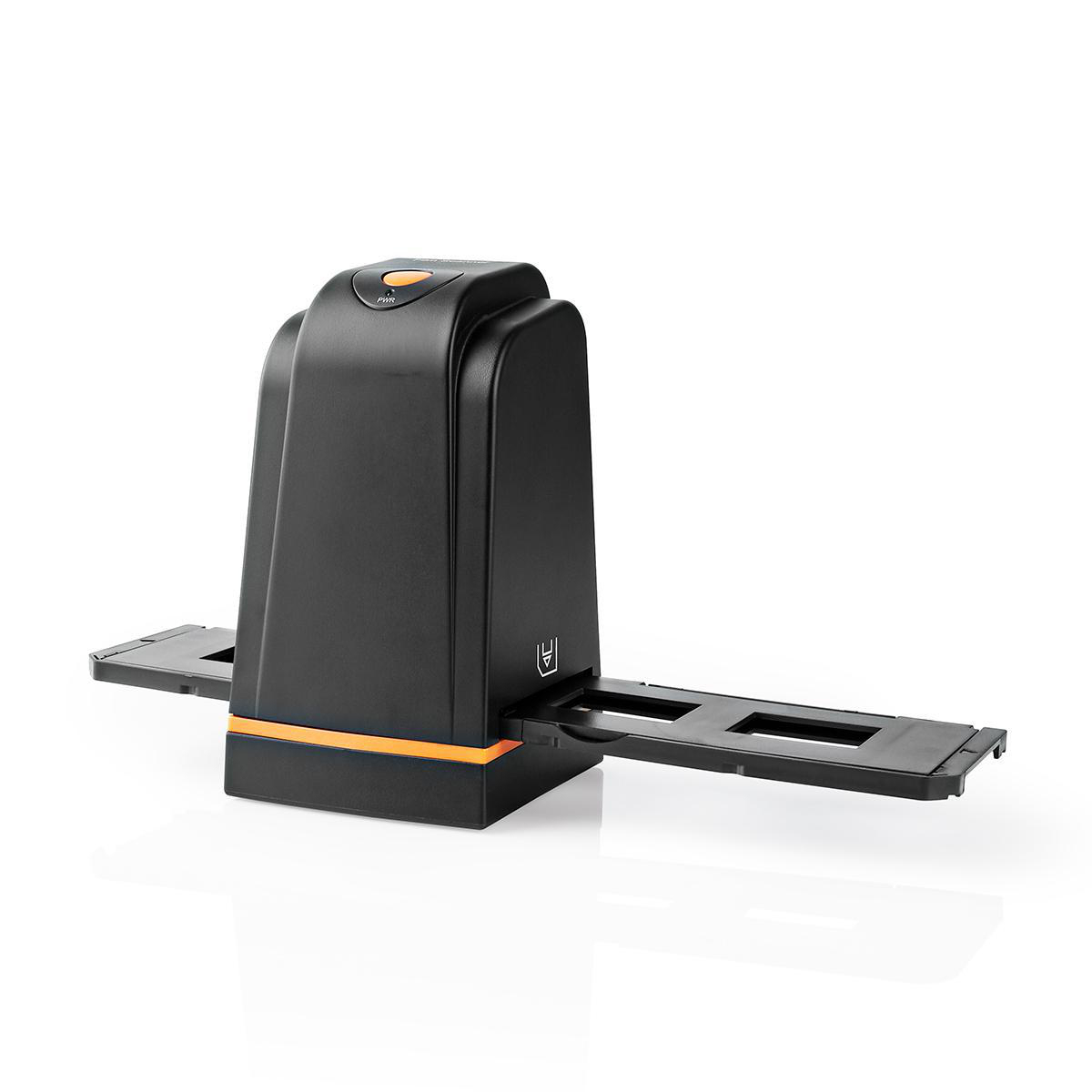 Czarny skaner do filmów z pomarańczowymi akcentami. Skaner ma dwie wysuwane tace. Przycisk zasilania na górze.