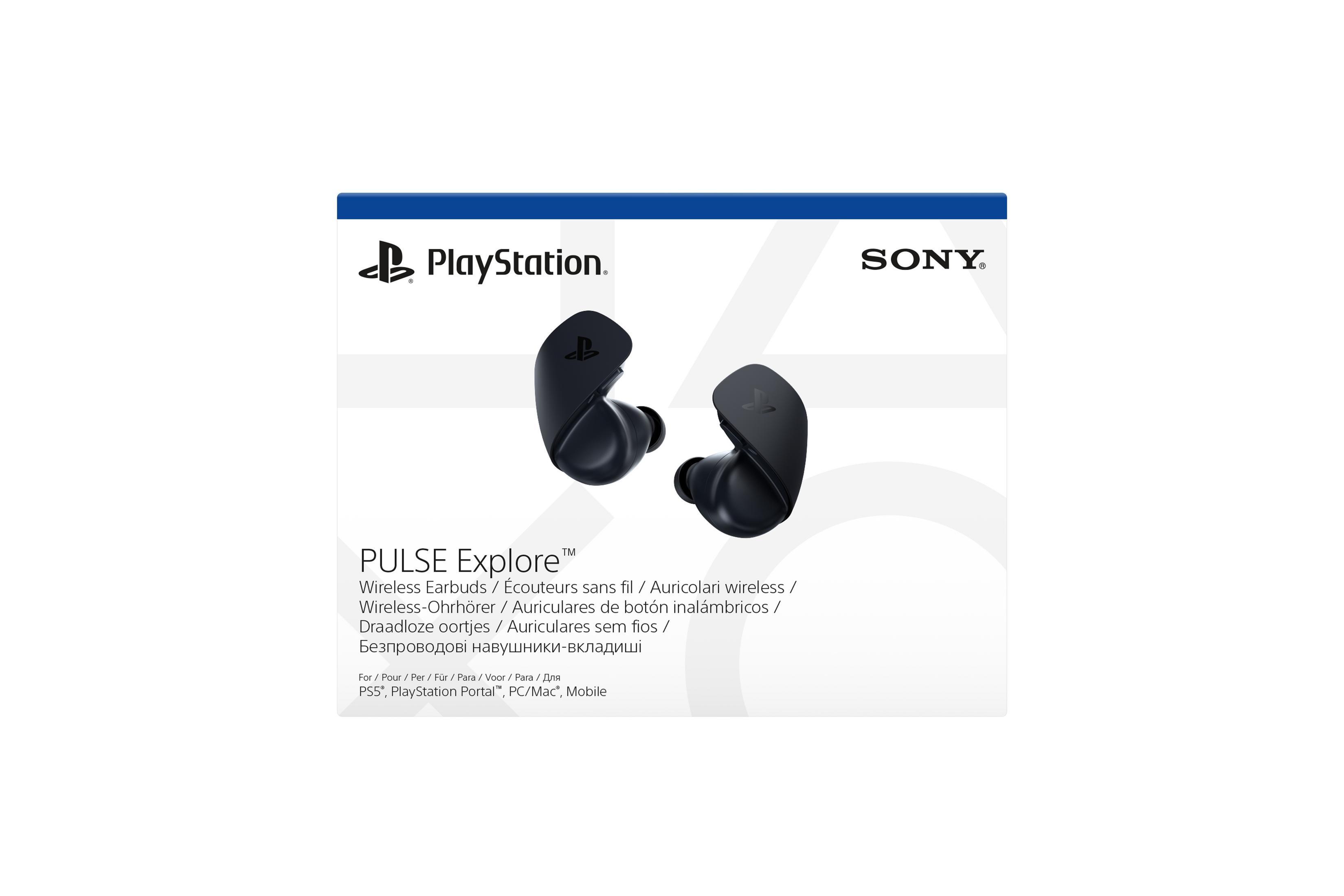 Białe pudełko czarnych słuchawek bezprzewodowych Sony PlayStation Pulse Explore, tekst i logo.