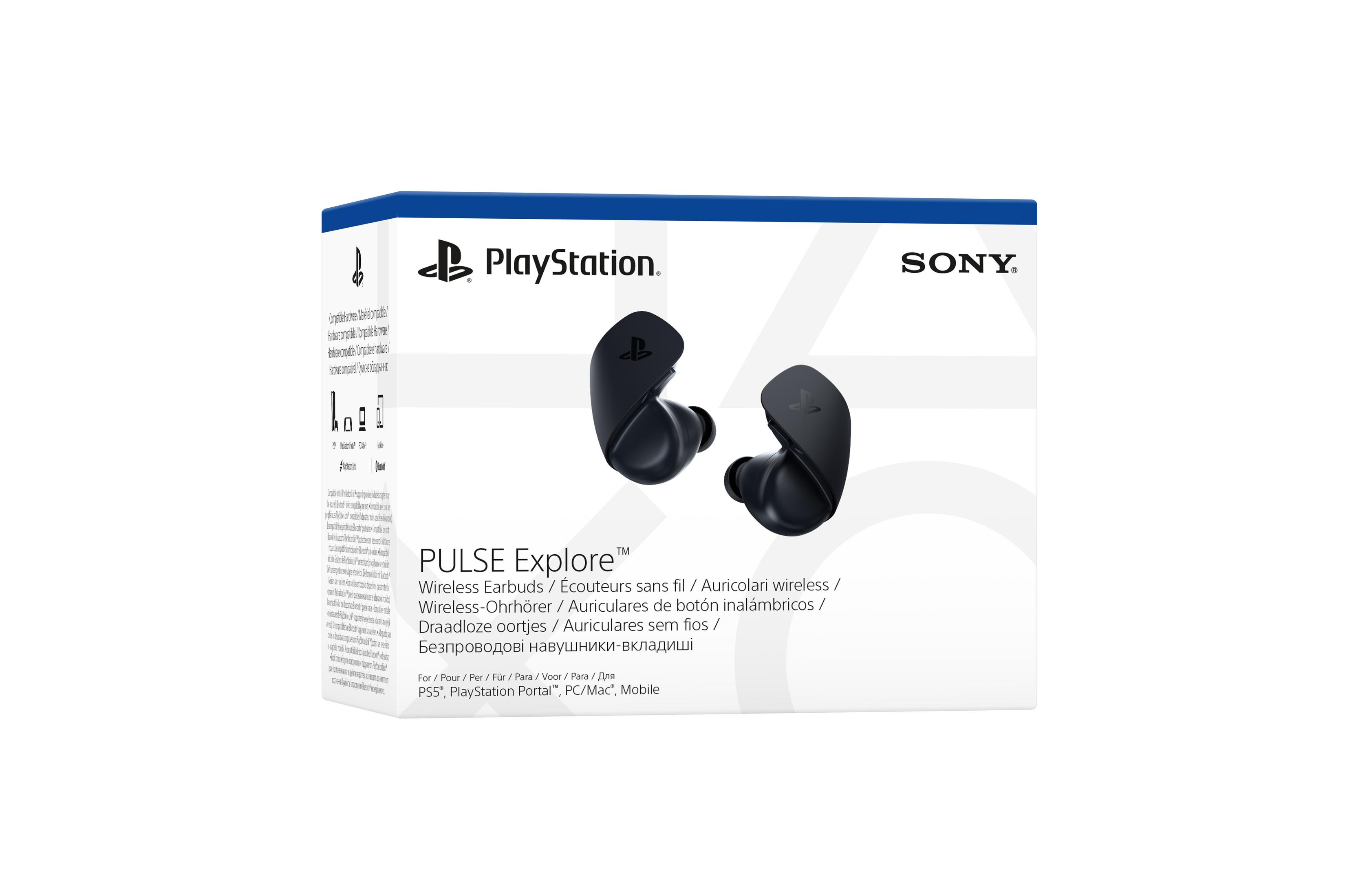 Białe pudełko czarnych słuchawek bezprzewodowych Sony PlayStation Pulse Explore, tekst i logo.