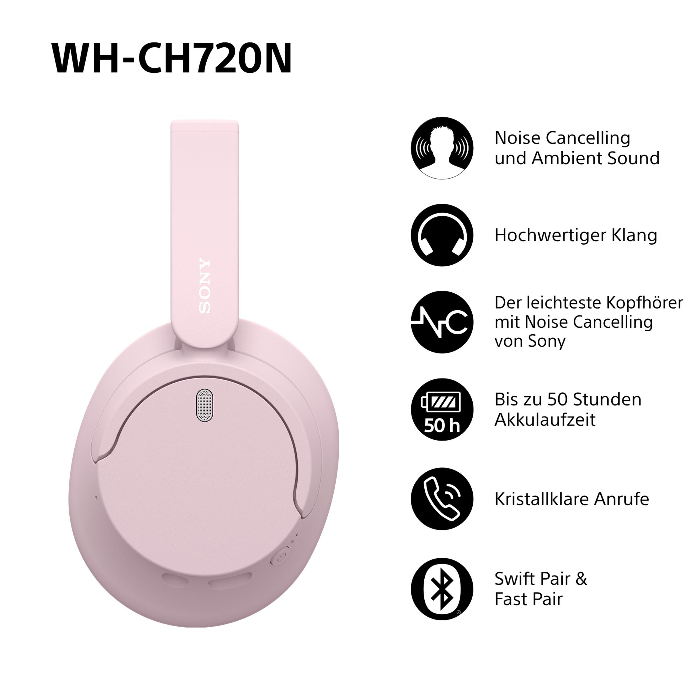 Rosa Kopfhörer mit Text „WH-CH720N“ und Icons, die Funktionen beschreiben, weißer Hintergrund.