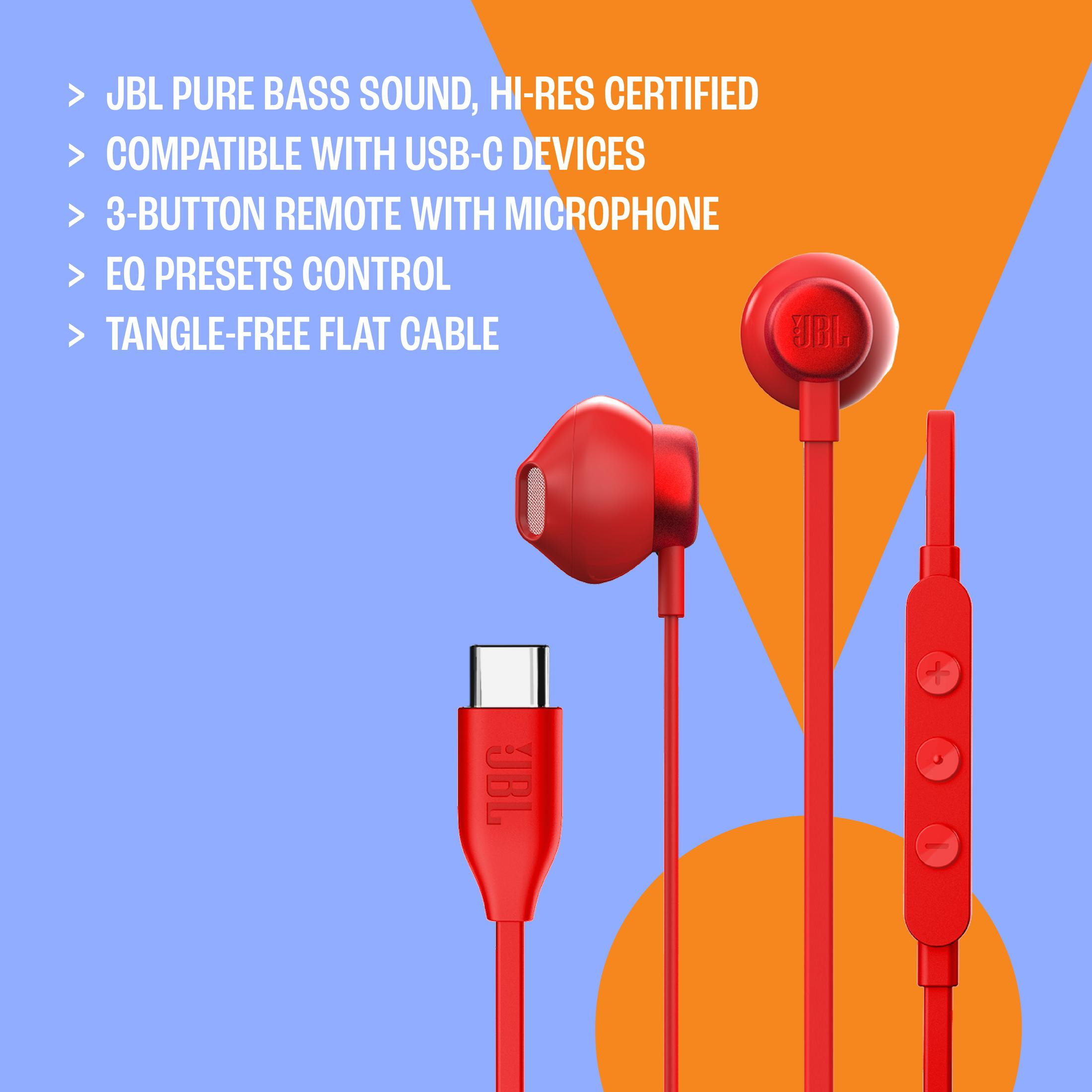 Czerwone słuchawki z kablem USB-C i pilotem. Tekst: JBL pure bass sound, kompatybilny z urządzeniami USB-C.