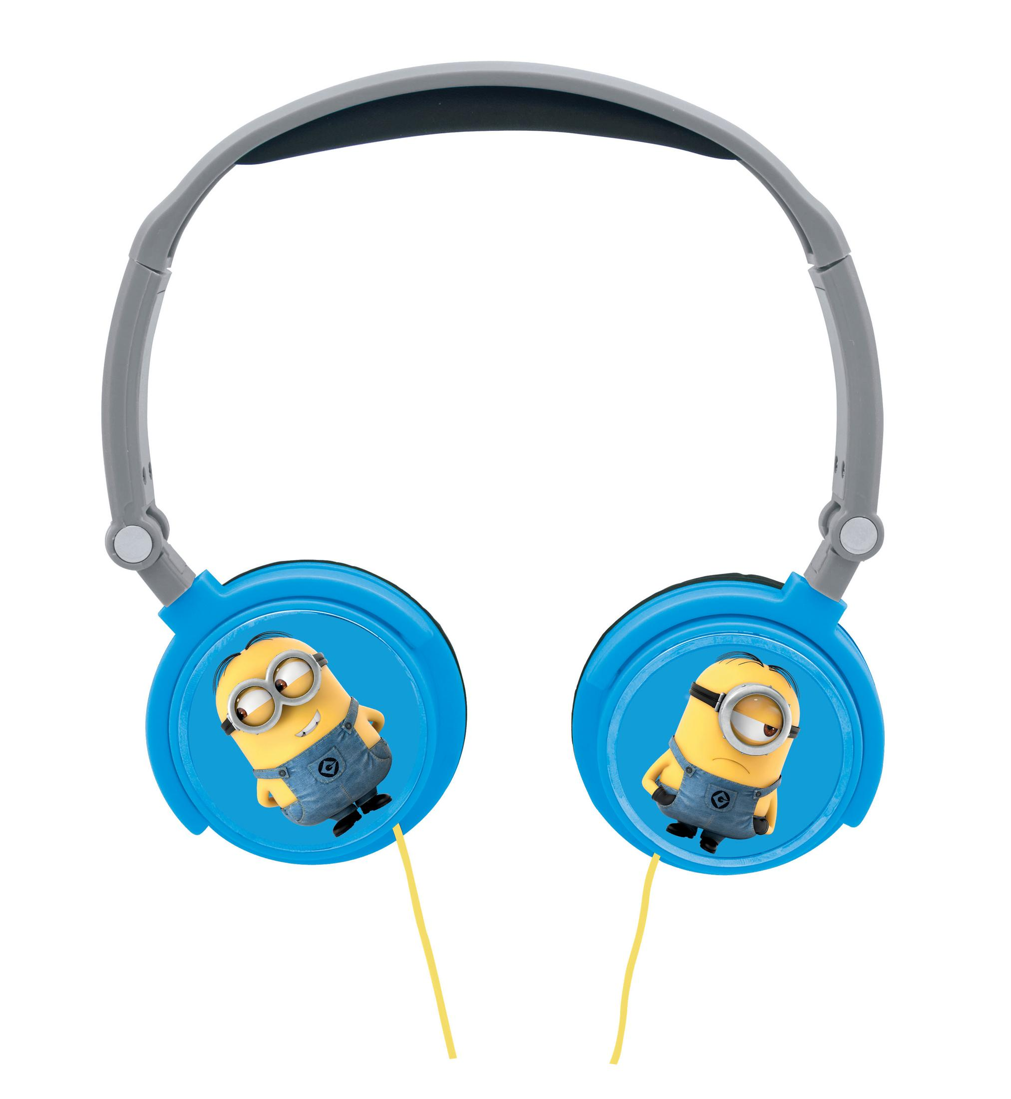 Blaue Minion-Kopfhörer mit zwei Minion-Charakteren auf den Ohrmuscheln. Graues Kopfband.