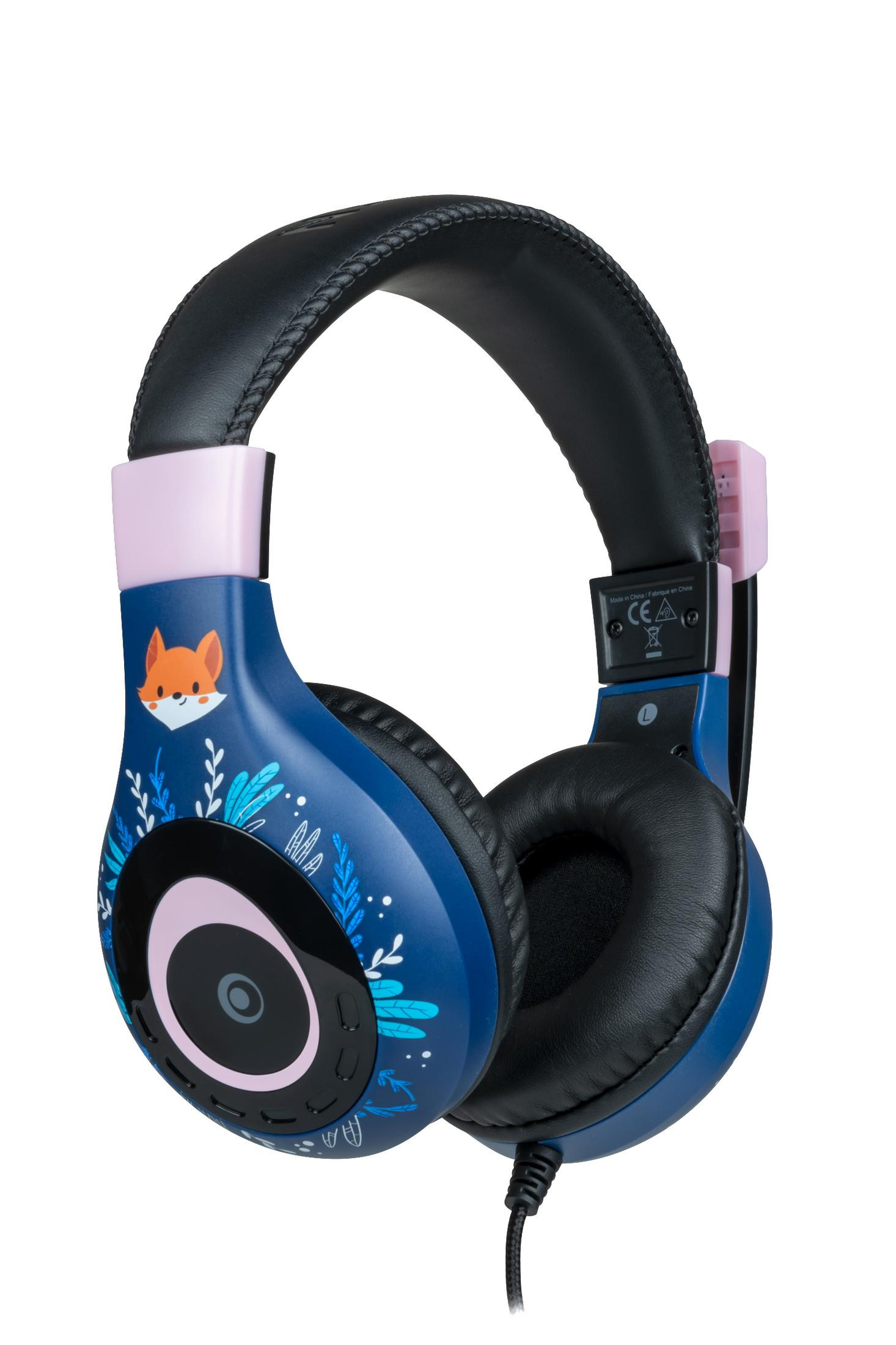 Blau-rosa Kopfhörer mit Fuchs drauf. Weißer Hintergrund.