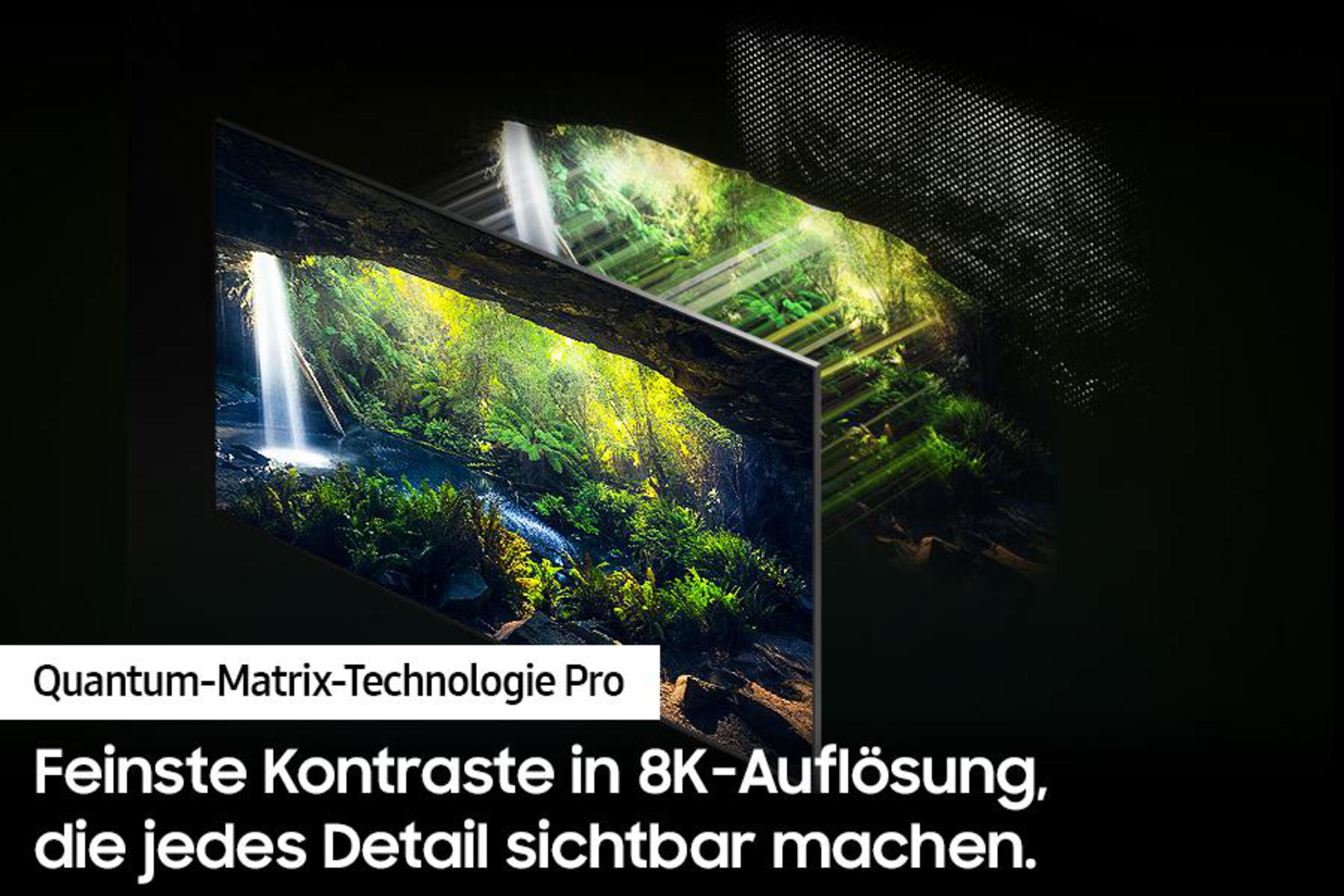 Ekran telewizora Samsung wyświetla wodospad i tętniący życiem las. Tekst podkreśla technologię Quantum Matrix.