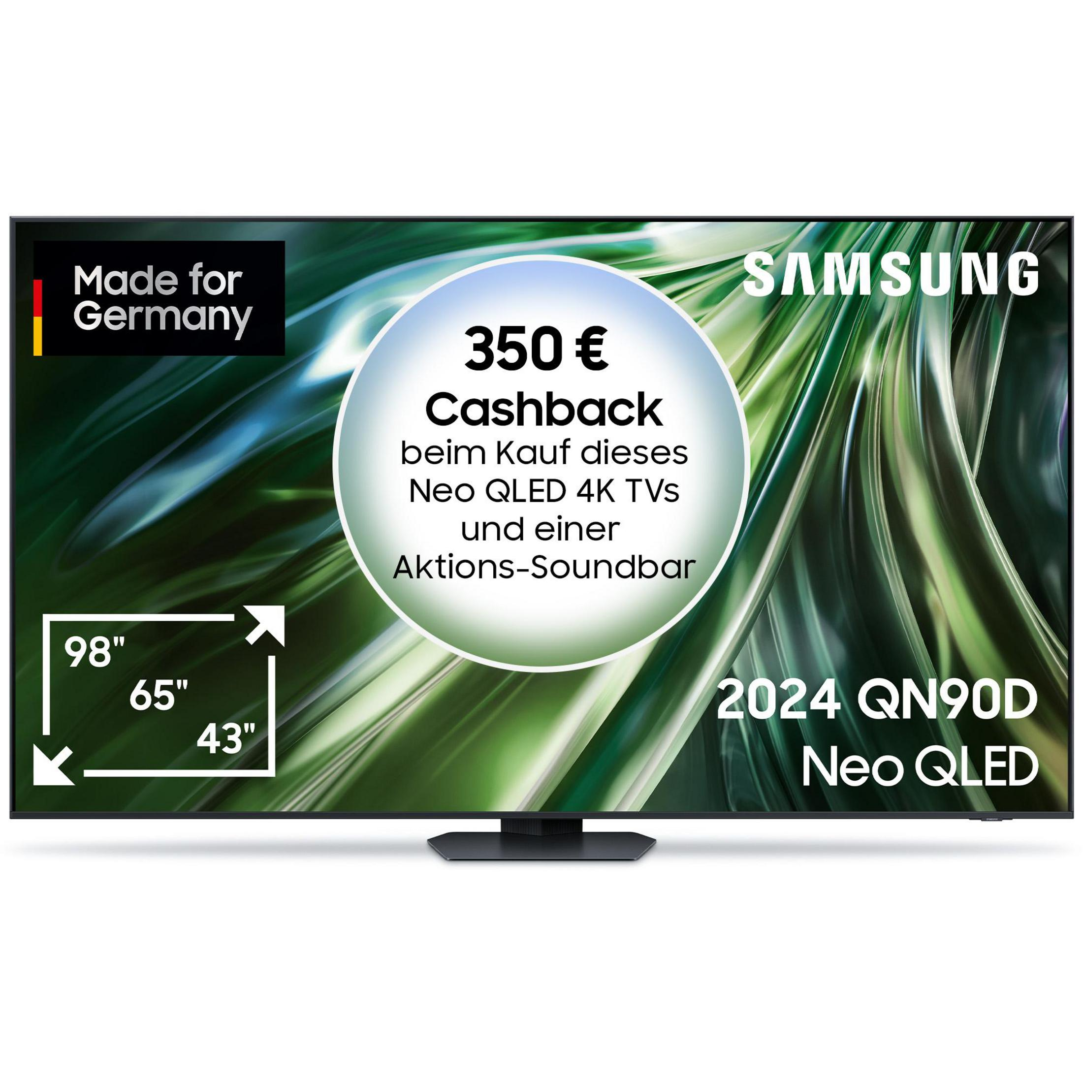 Samsung Neo QLED 4K TV mit Abmessungen und Cashback-Angebot. Der Bildschirm zeigt eine Naturszene mit Grüntönen.