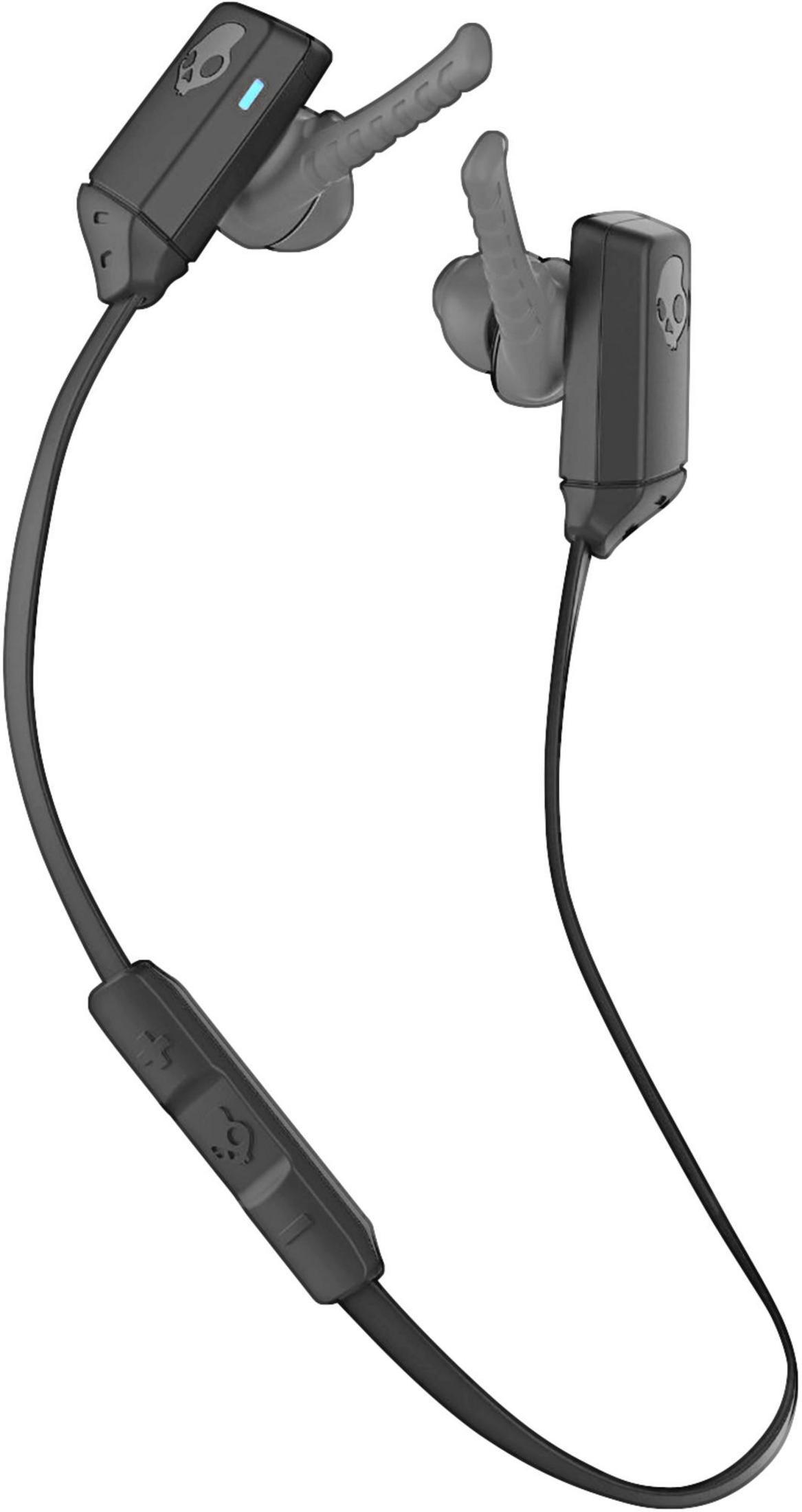 Schwarze und graue kabellose Ohrhörer mit Kabel und Bedienfeld.