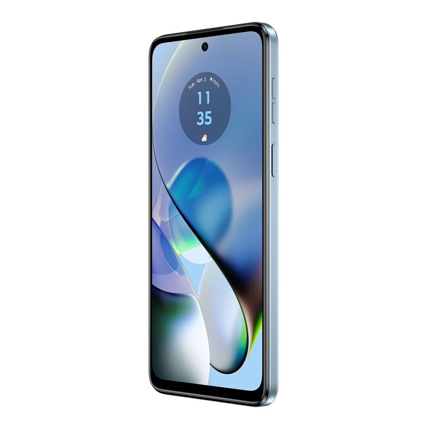 Jasnoniebieski smartfon Motorola z wyświetlaczem pokazującym godzinę. Widok z boku.