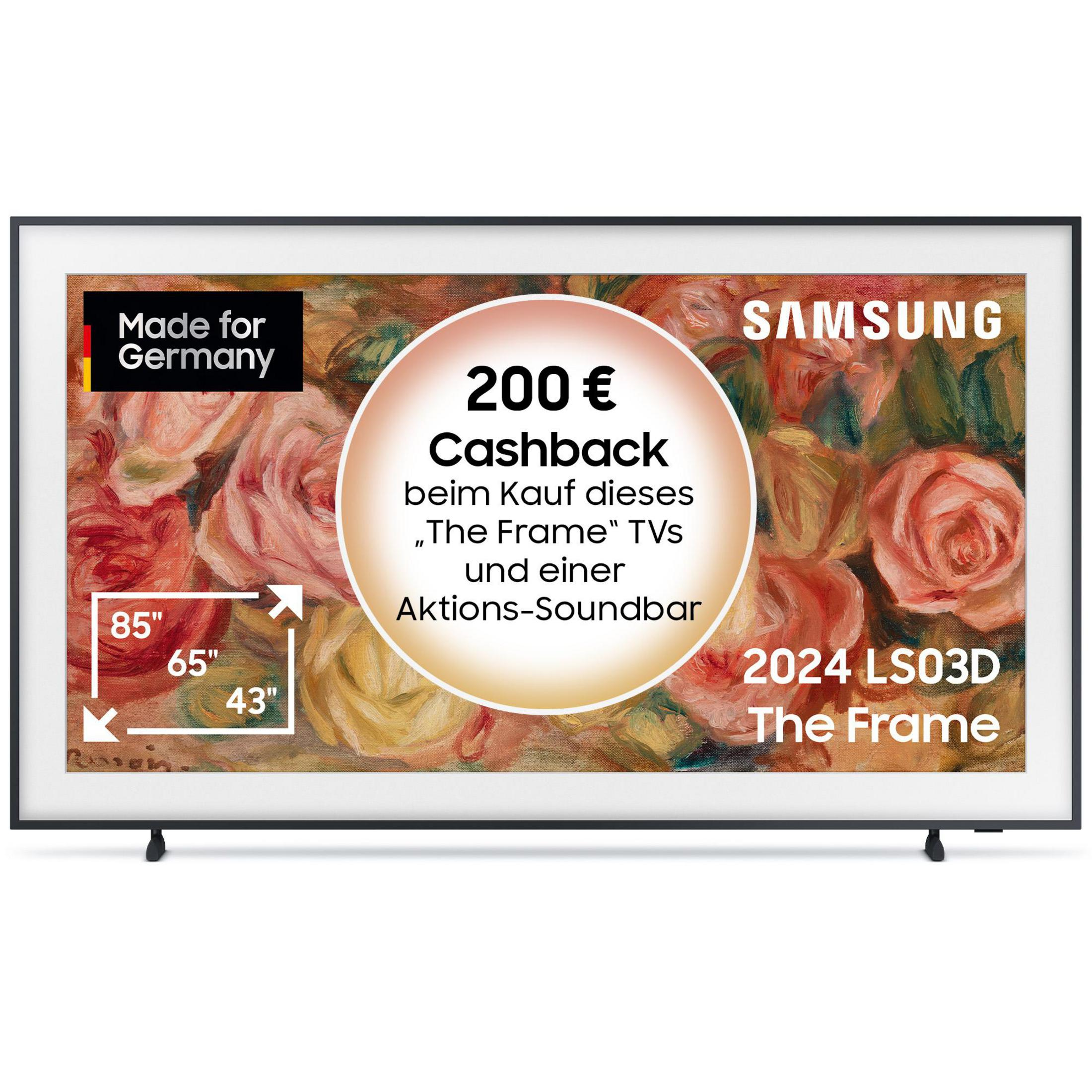 Telewizor Samsung z obrazem promocyjnym i tekstem. Białe tło.