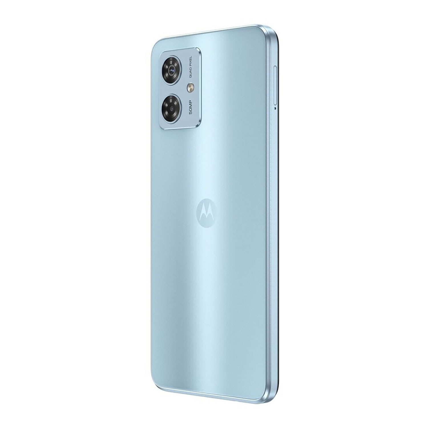 Niebieski telefon Motorola z potrójnym aparatem, srebrna ramka. Białe tło.