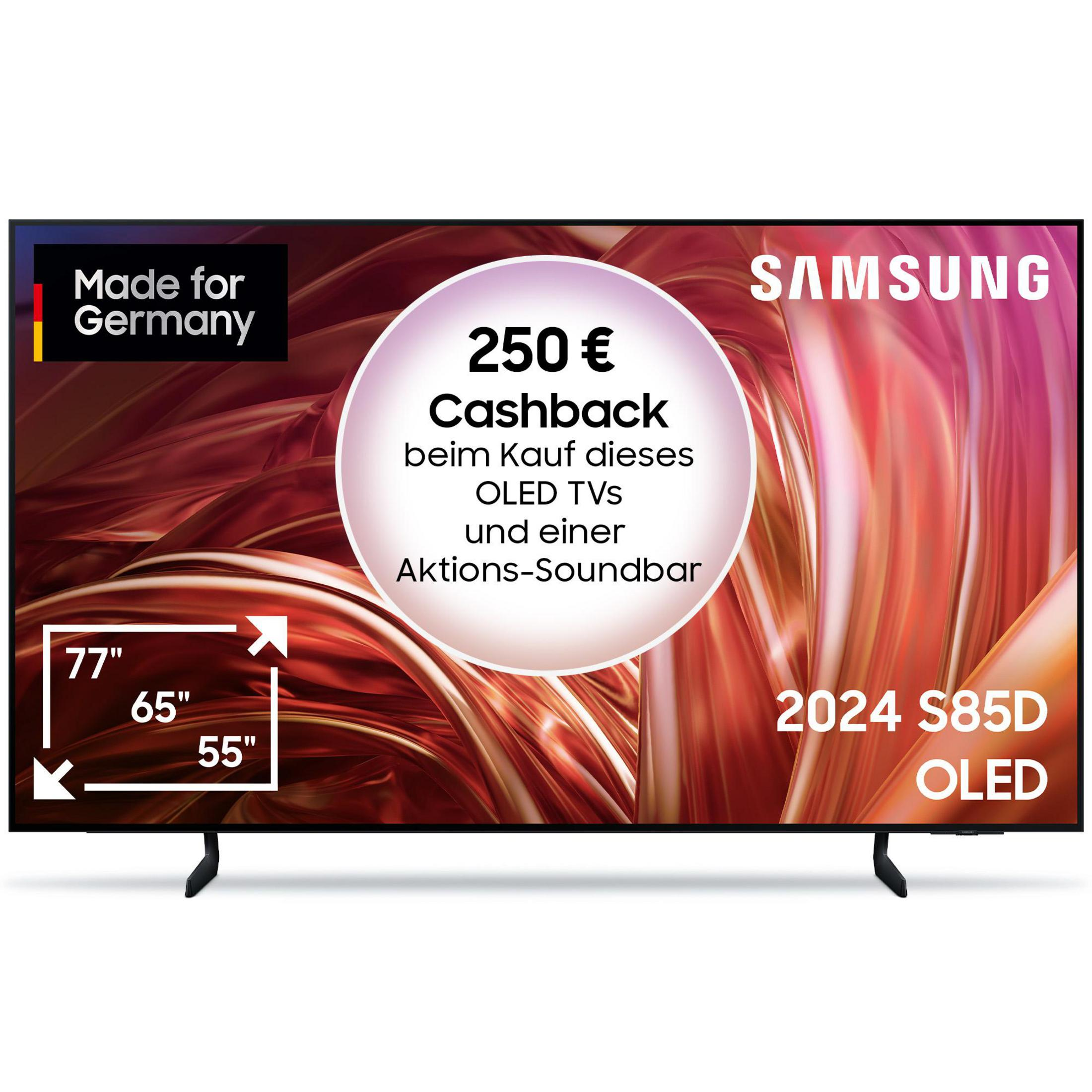 Telewizor Samsung OLED z tekstem promocyjnym i wymiarami. Tło jest abstrakcyjne.