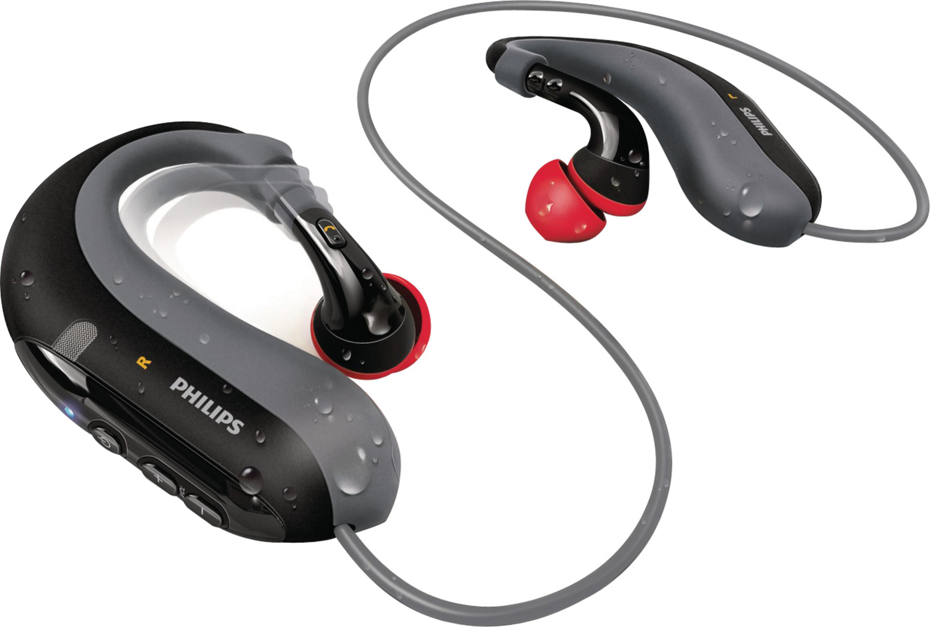 Auriculares Philips grises con auriculares rojos. Diseño deportivo, con gotas de agua visibles.