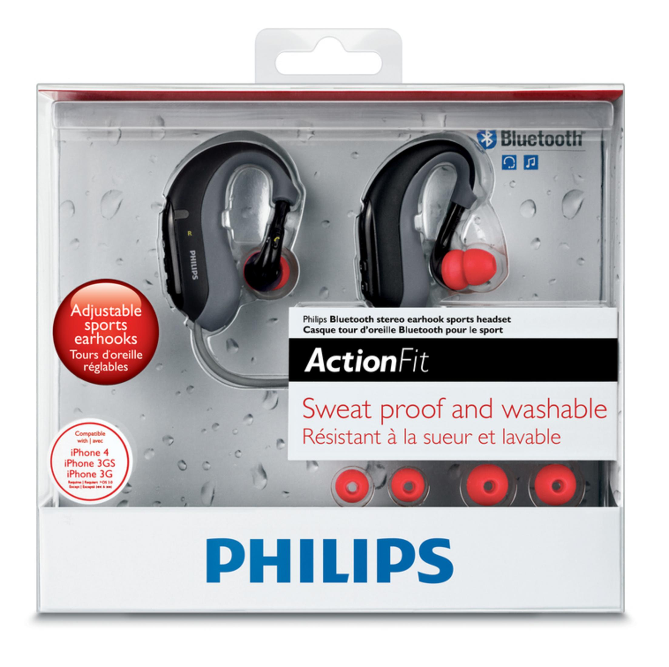 Auriculares Philips ActionFit en embalaje. Caja muestra producto y características: resistente al sudor, lavable.