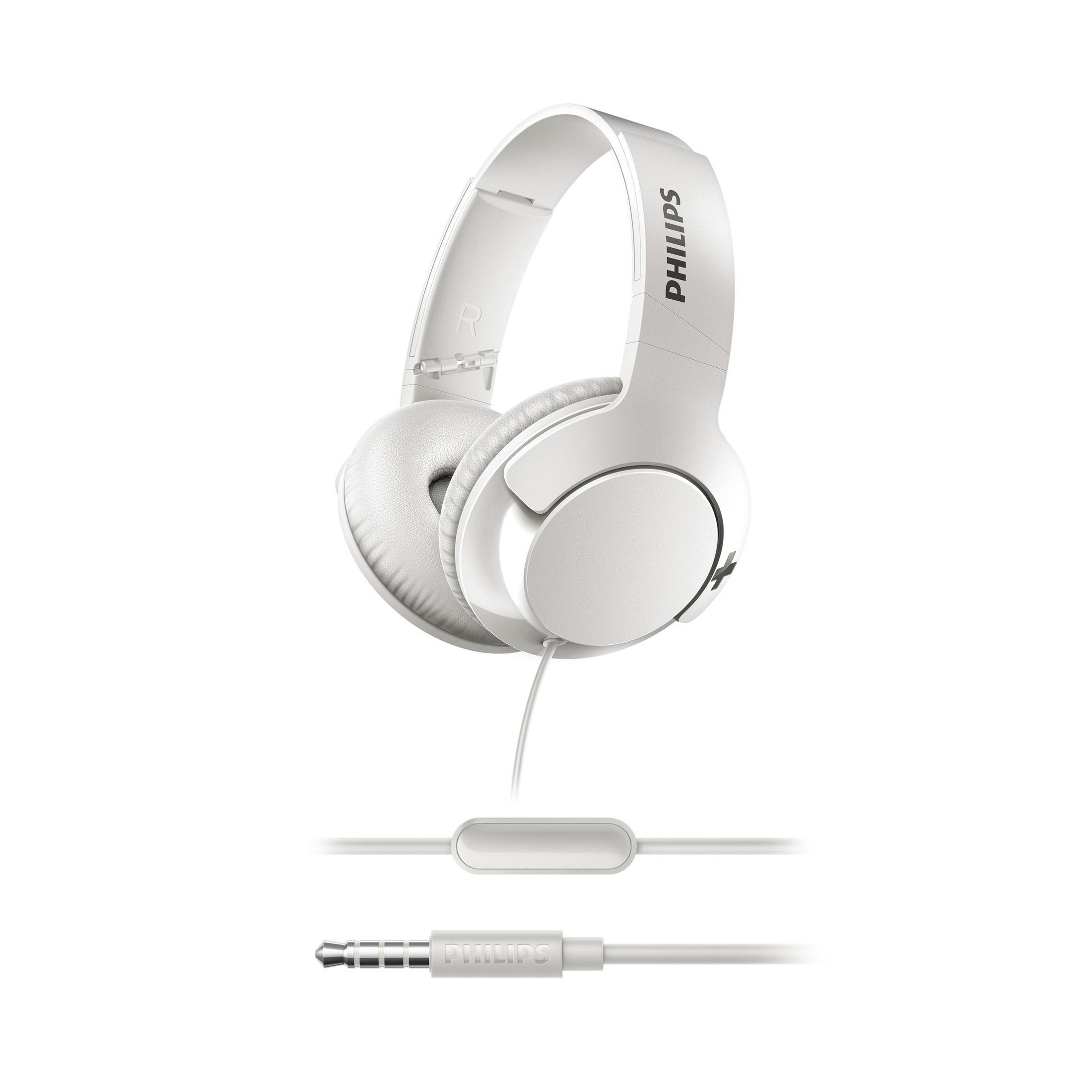 Auriculares Philips blancos con cable blanco y conector de 3,5 mm, fondo blanco.
