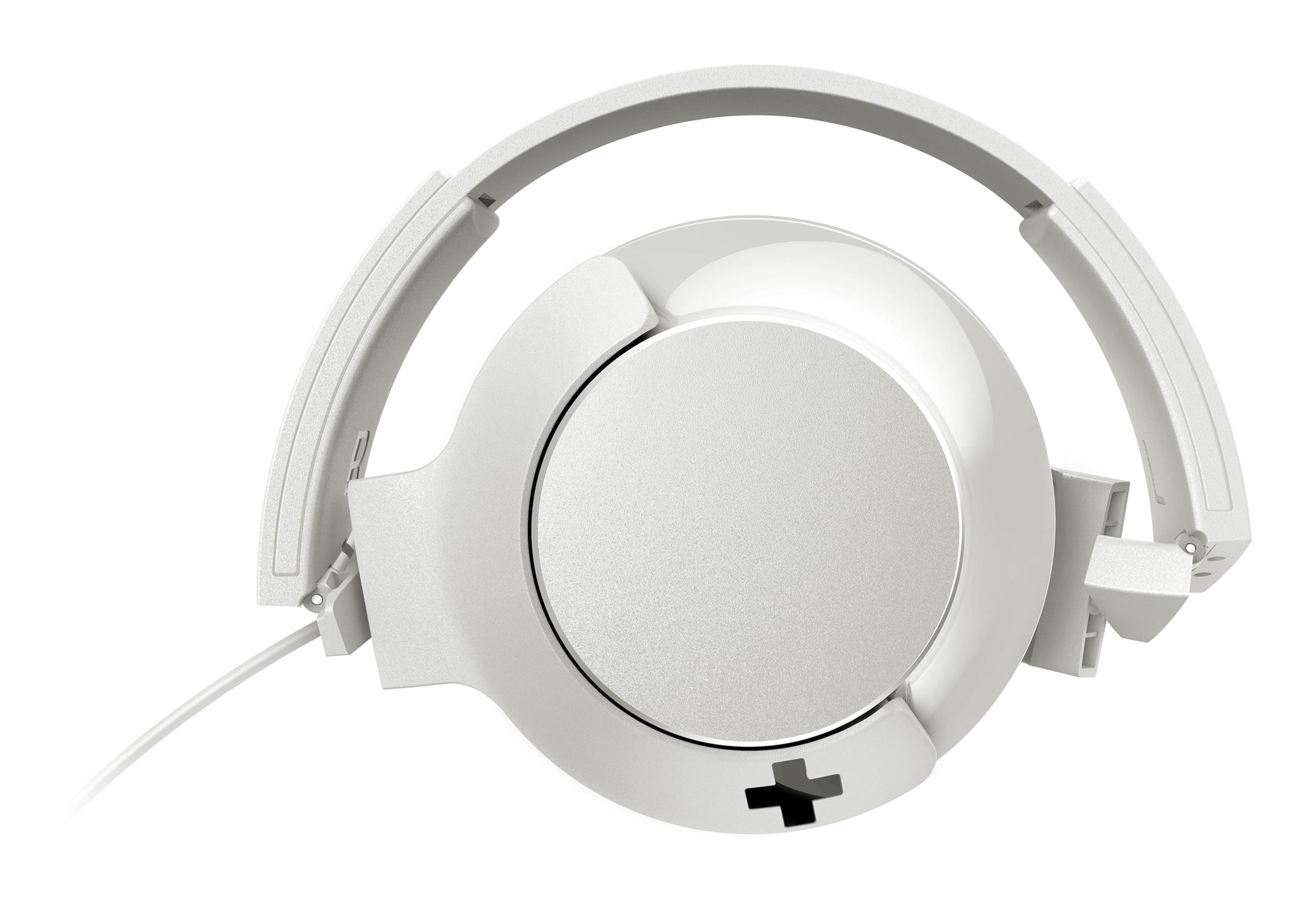Auriculares blancos, vista superior. Auriculares y diadema visibles. Aislados sobre fondo blanco.