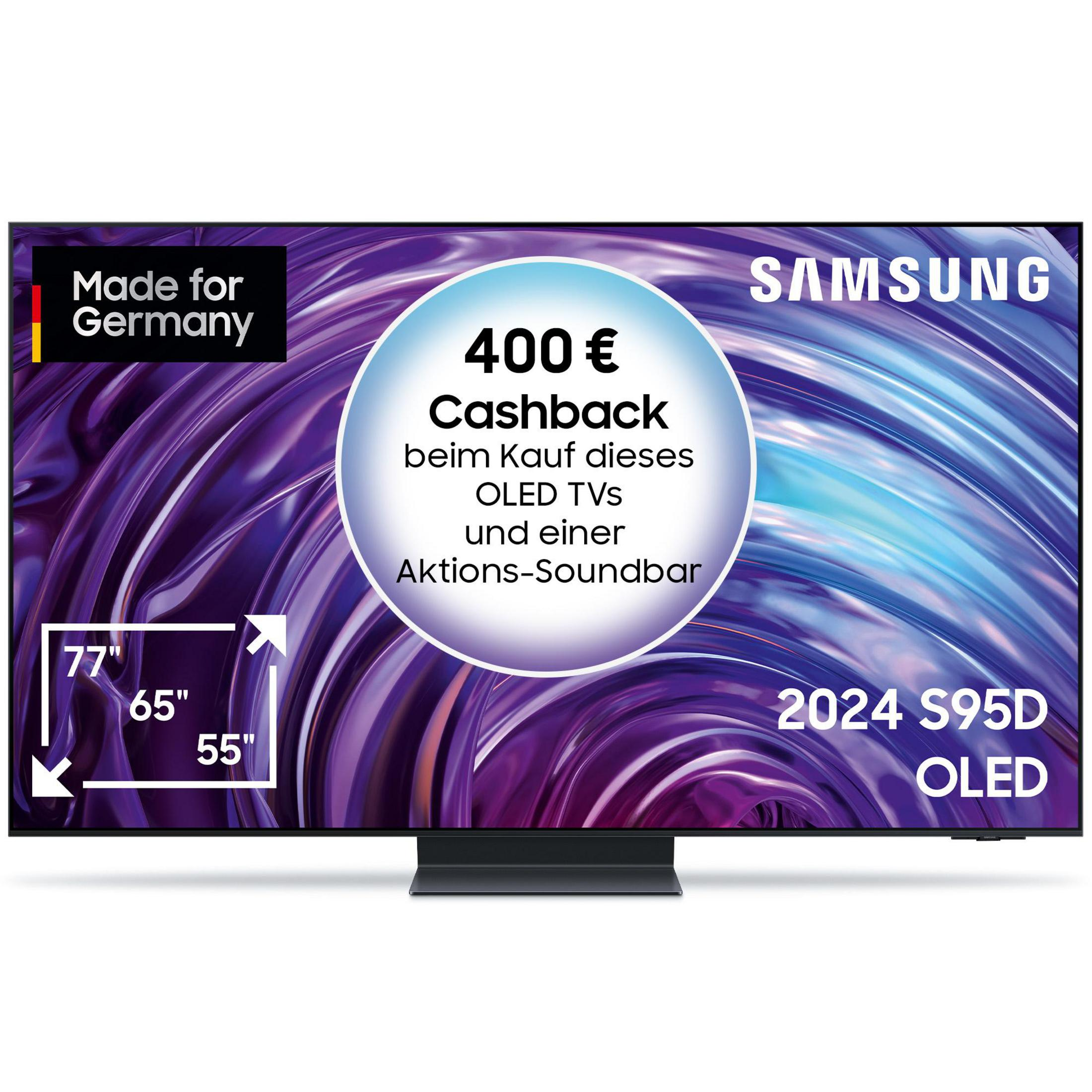 Samsung OLED TV mit Werbetext zum Cashback. Verschiedene Größen auf dem Bildschirm angezeigt.