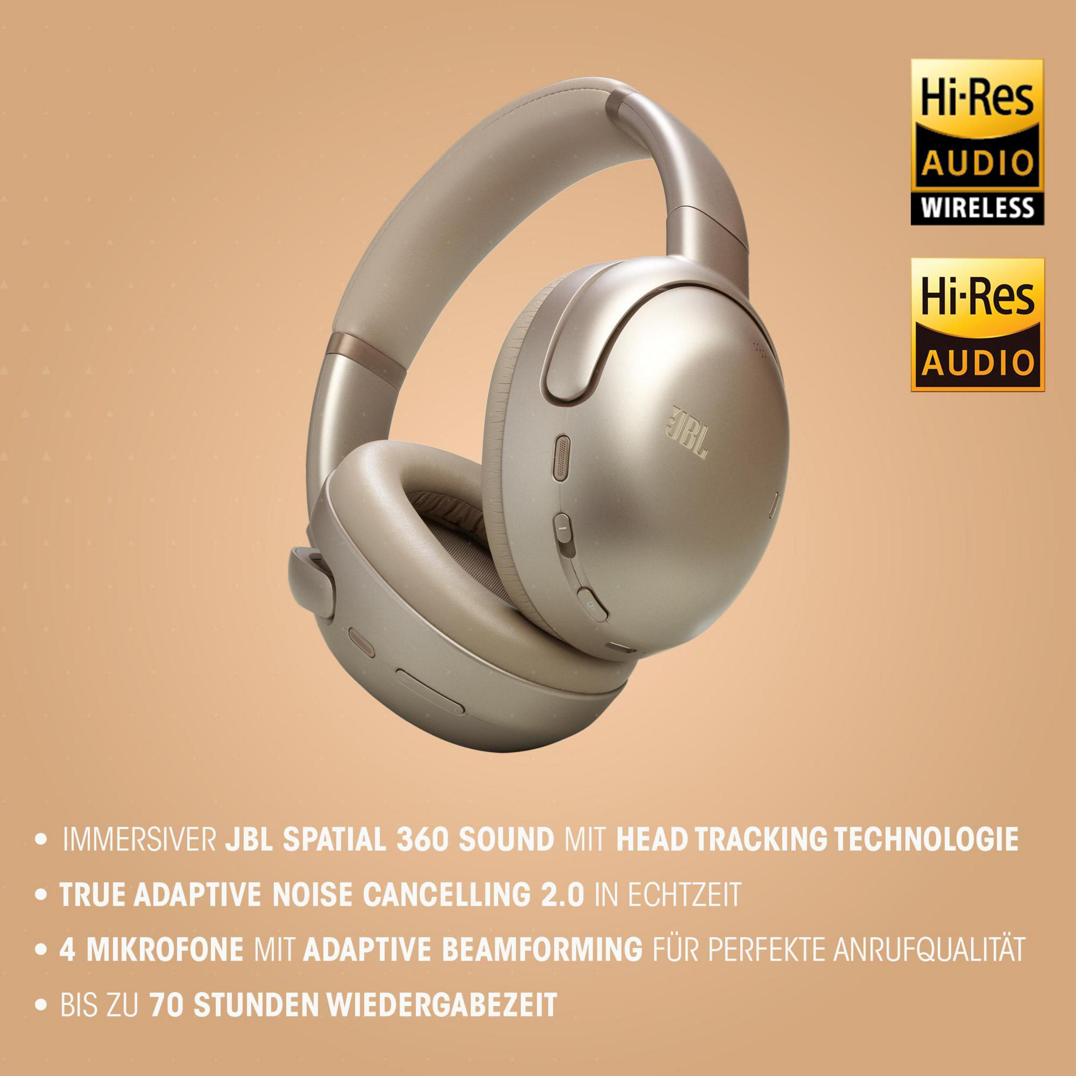 Cuffie wireless JBL beige con testo su sfondo chiaro. Include Hi-Res Audio e cancellazione del rumore.