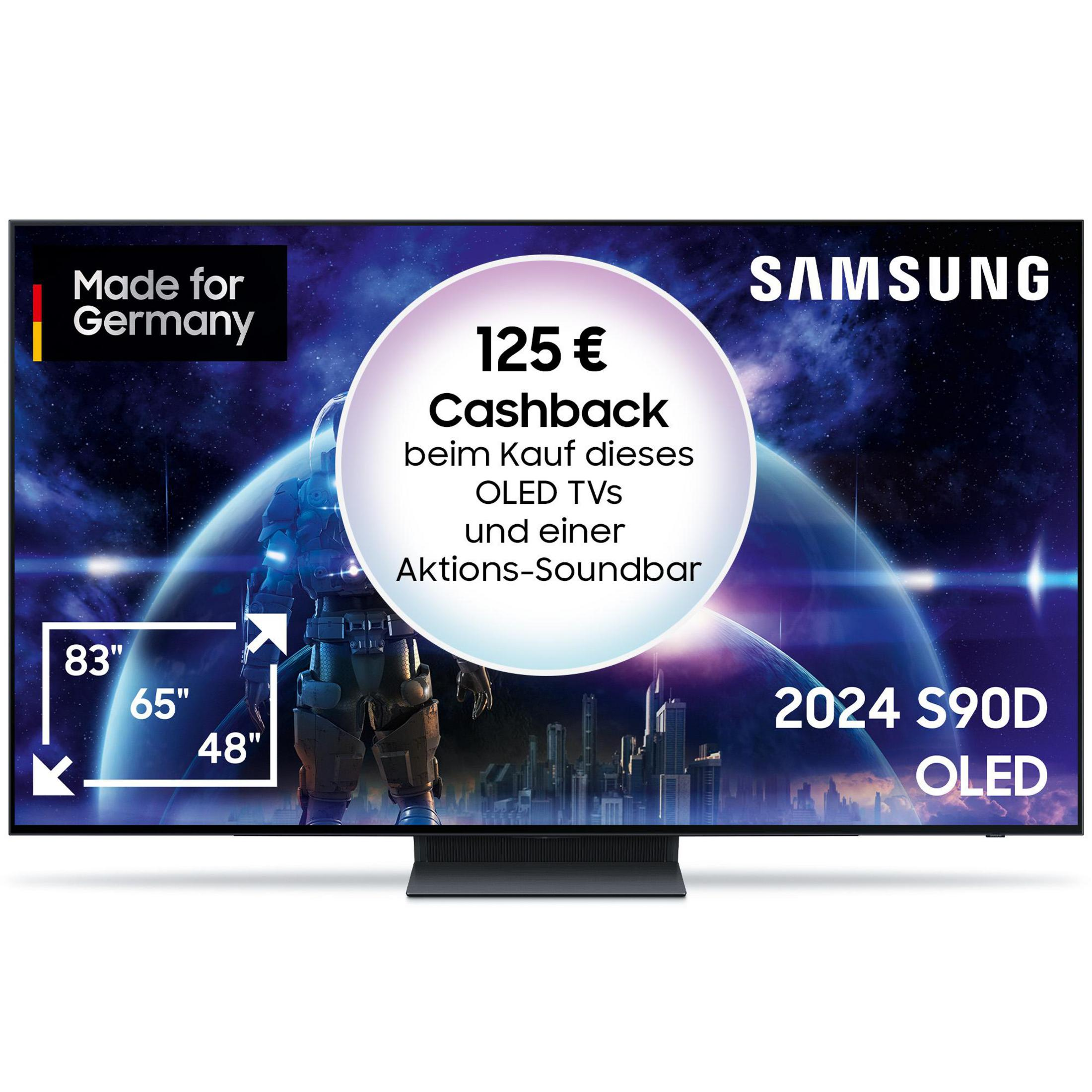 Telewizor Samsung z reklamą o zwrocie gotówki, pokazującą futurystyczną scenę.