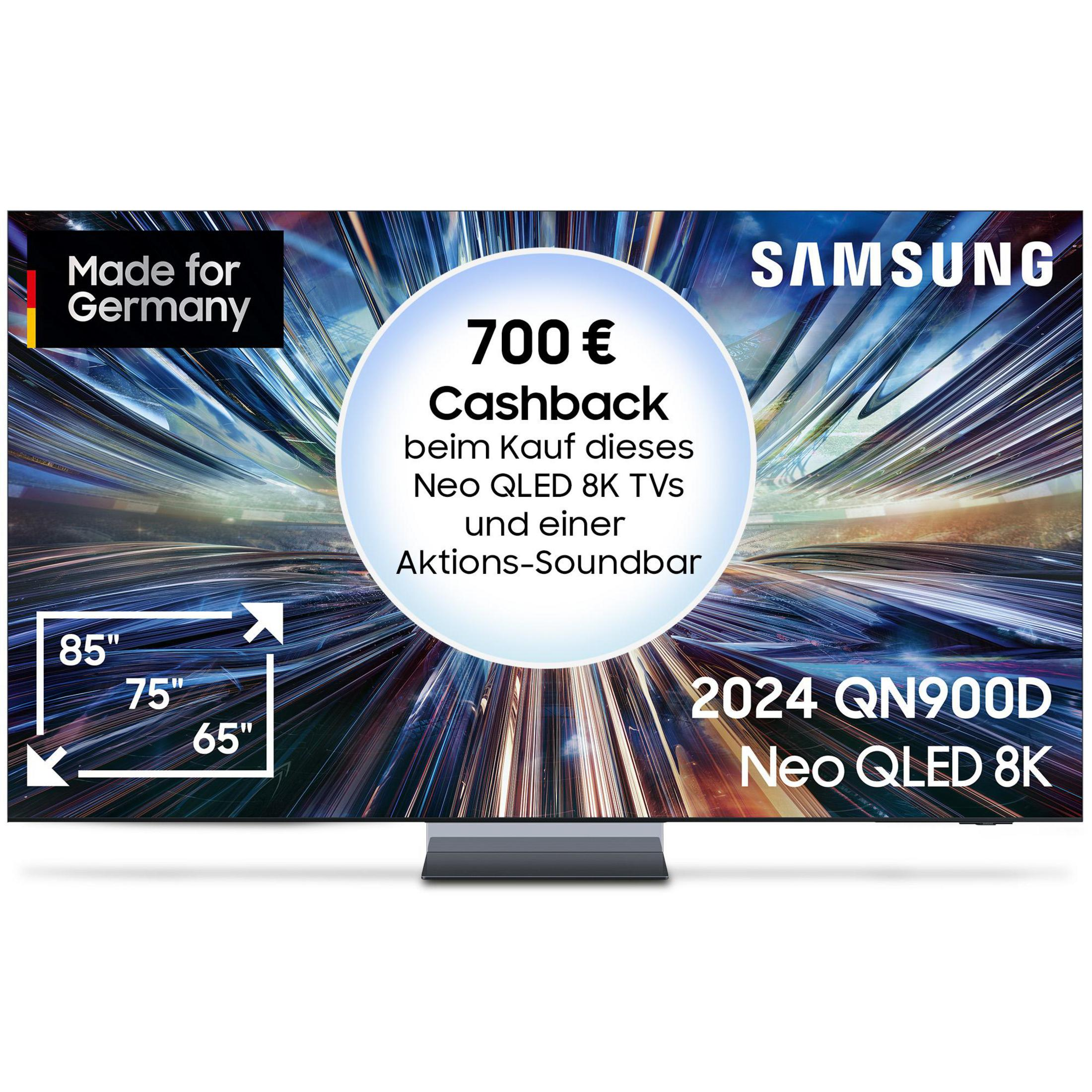 Duży telewizor Samsung z nakładką tekstową: 700€ Cashback, Neo QLED 8K. Ekran wyświetla różne rozmiary.