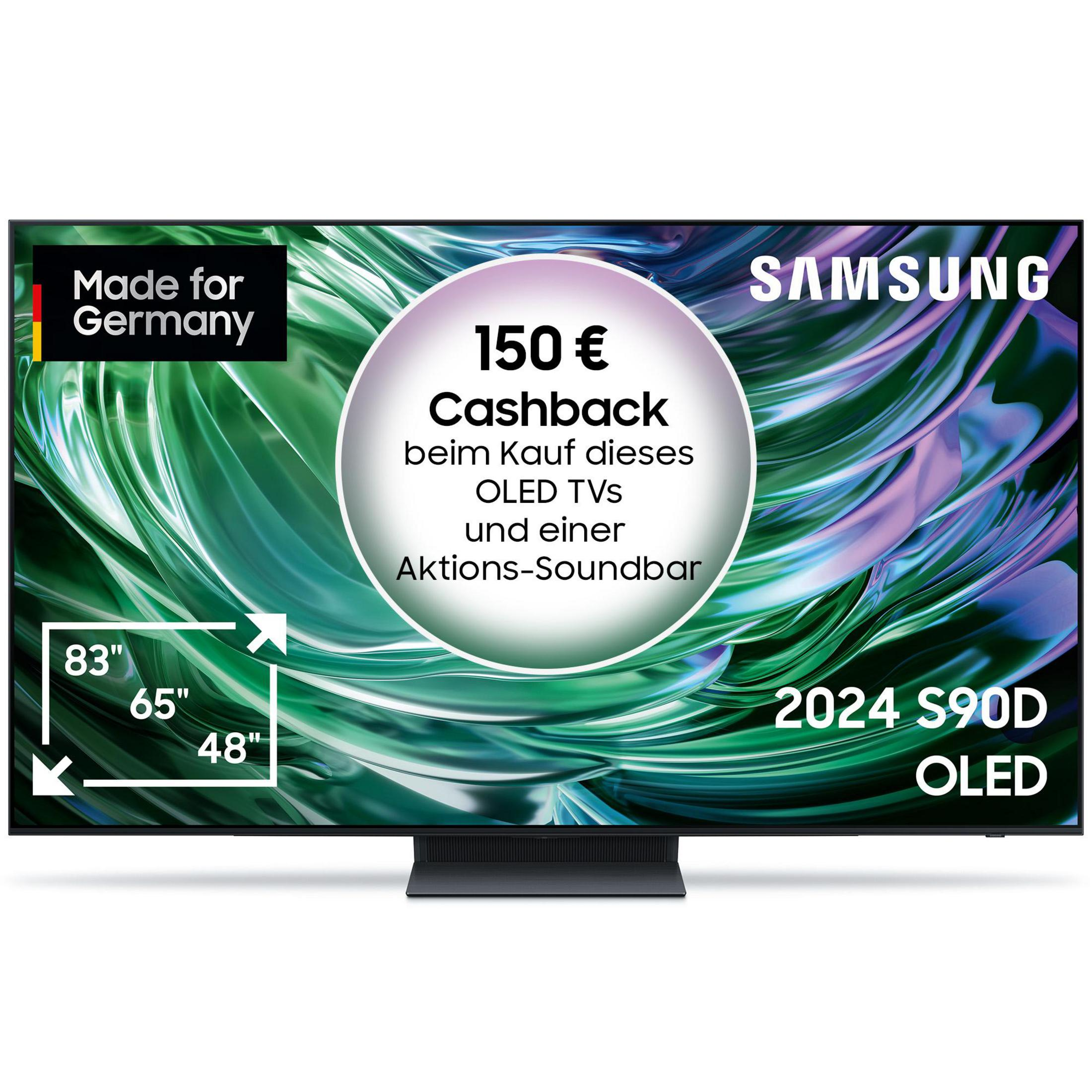 Ein großer 2024 Samsung OLED-Fernseher mit Cashback-Angebot und Bildschirmgrößenangaben.