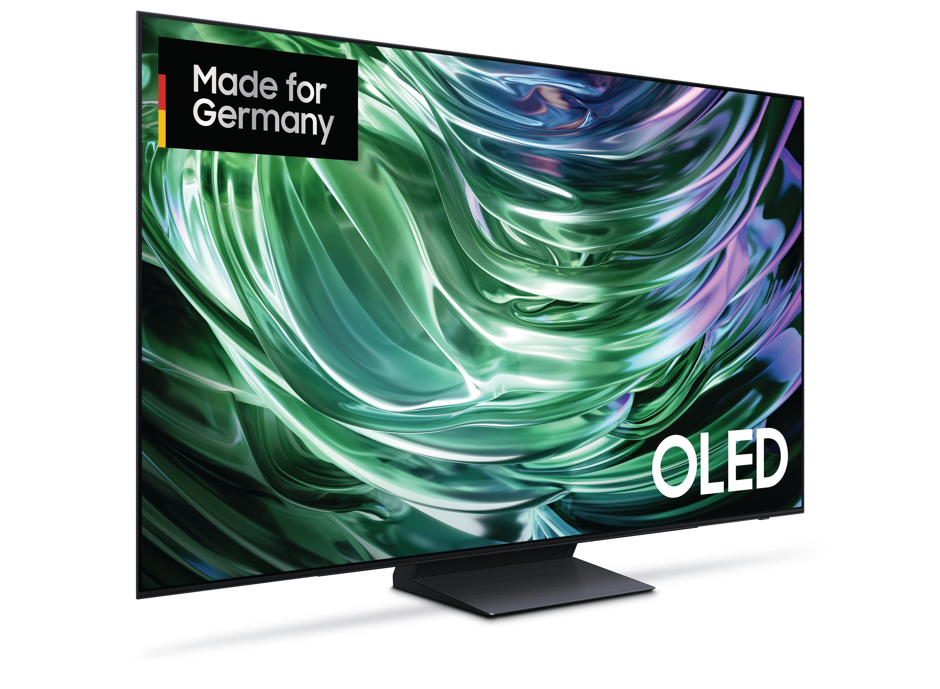 OLED-Fernseher im Profil, modernes Design mit 'Made for Germany' Aufkleber.