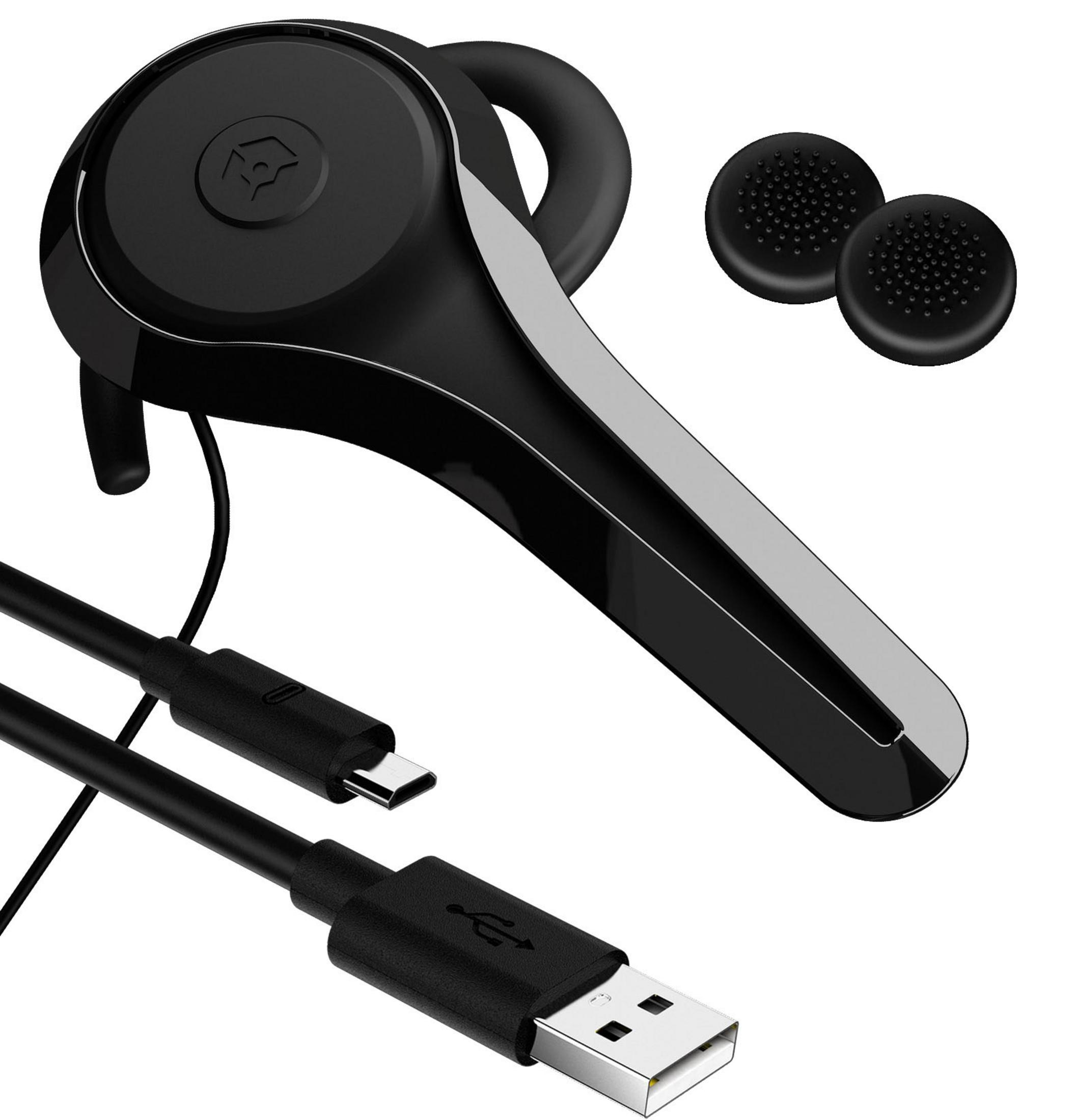 Schwarzes Bluetooth-Headset mit Ladekabel. Zwei Ersatz-Ohrhörer enthalten.