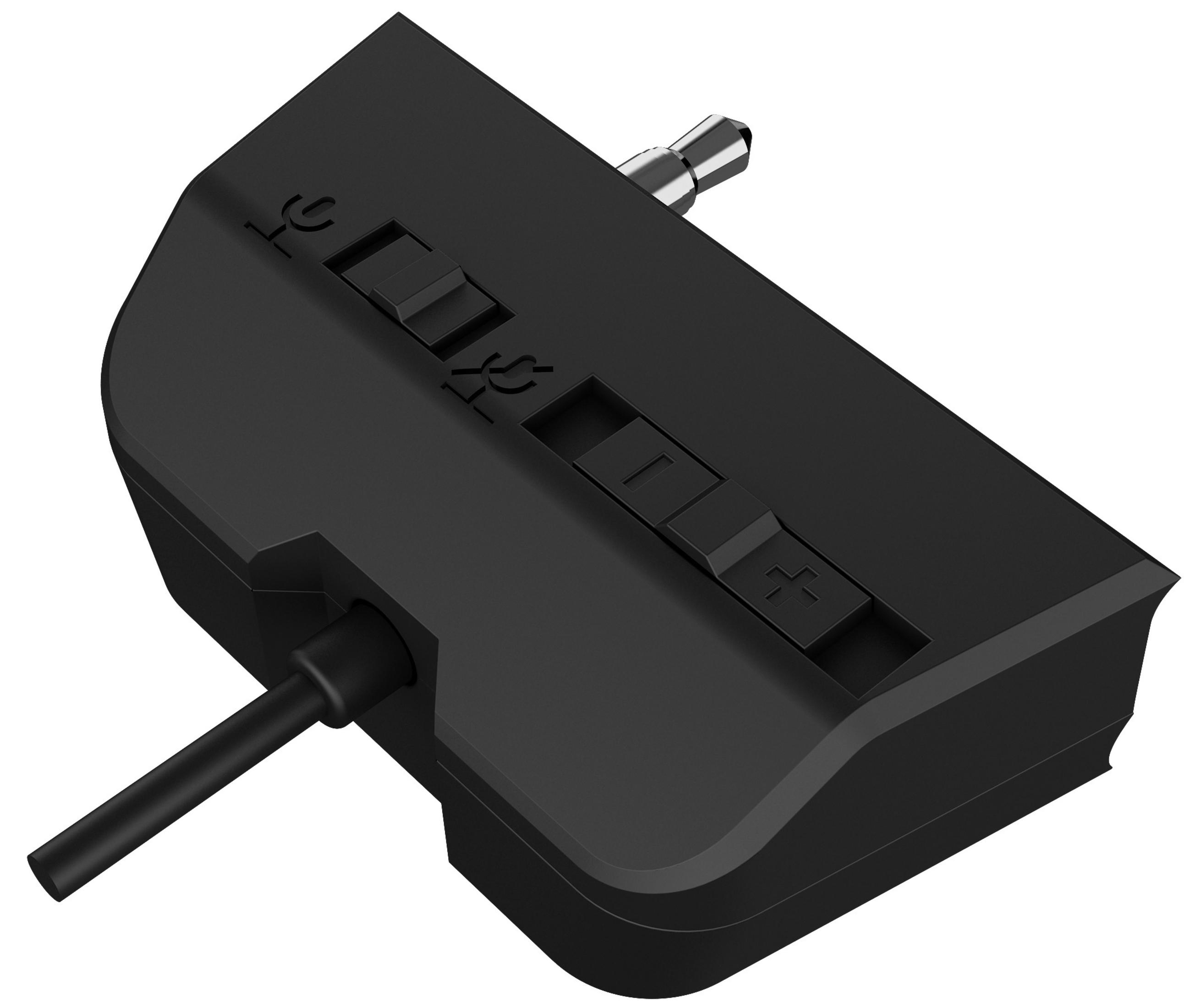 Schwarzer Audioadapter mit Knöpfen und 3,5-mm-Klinke und Kabel, schräge Ansicht.
