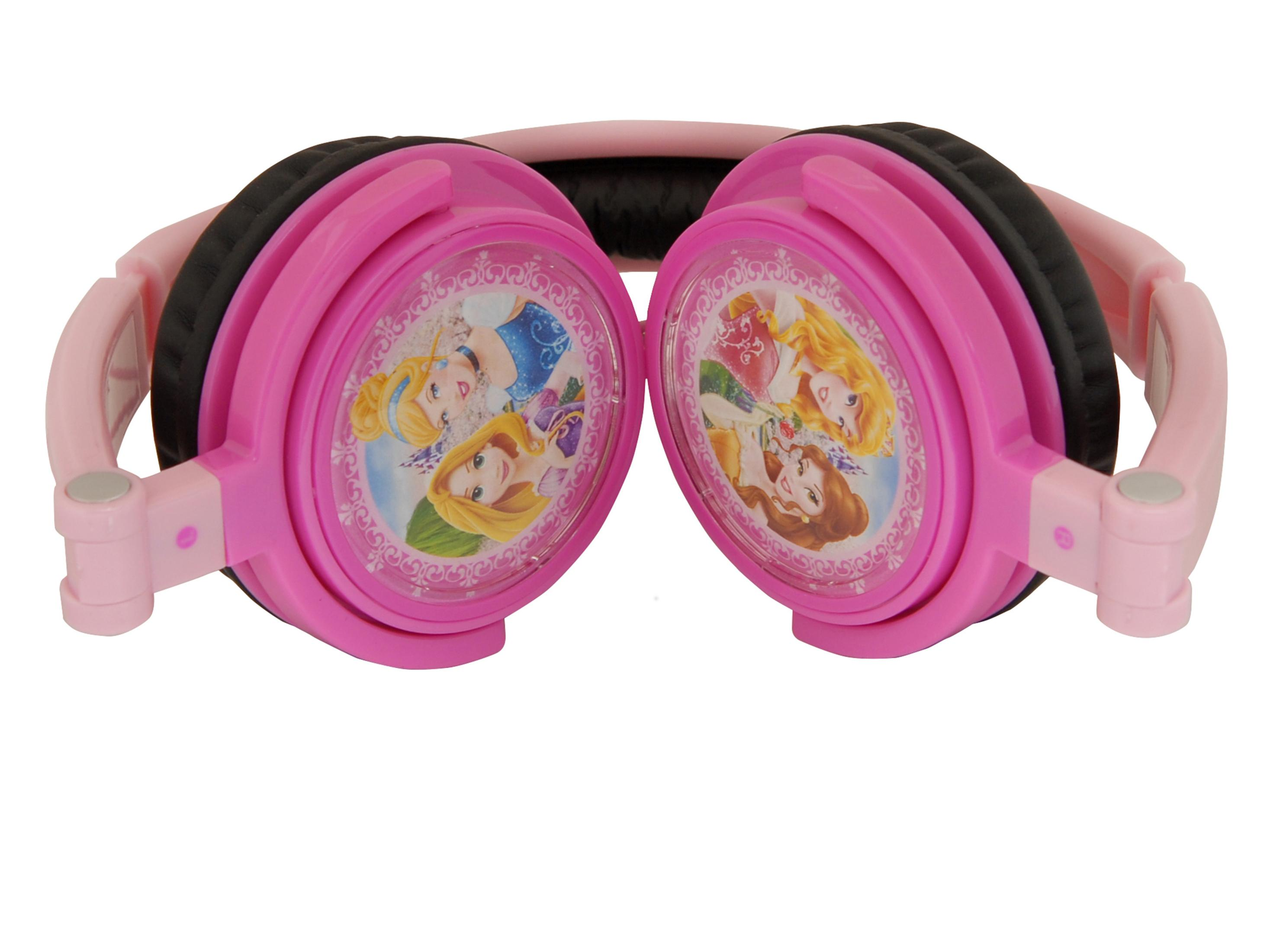 Cuffie rosa, con disegni di principesse. Sfondo bianco.