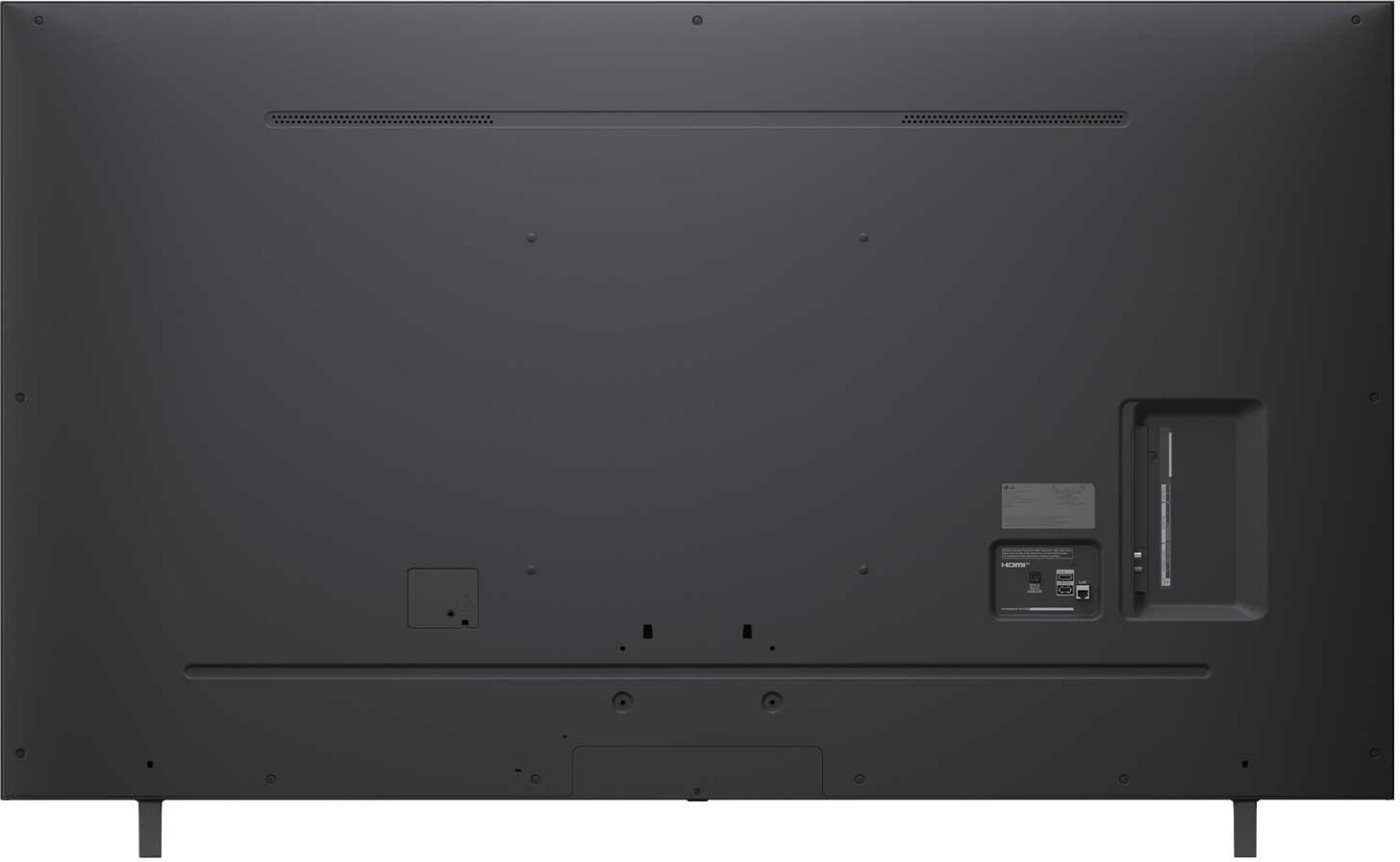Widok z tyłu czarnego telewizora. Pokazuje porty, otwory wentylacyjne i etykietę. Dwie nogi podtrzymują telewizor.