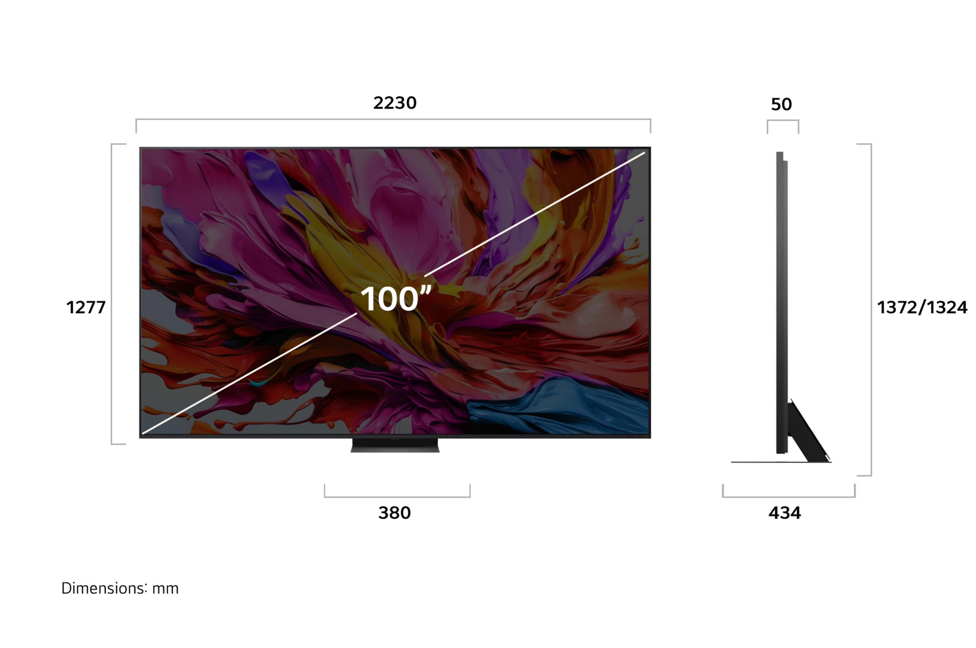 Duży telewizor z oznaczonymi wymiarami, pokazujący kolorową ekspozycję kwiatową.
