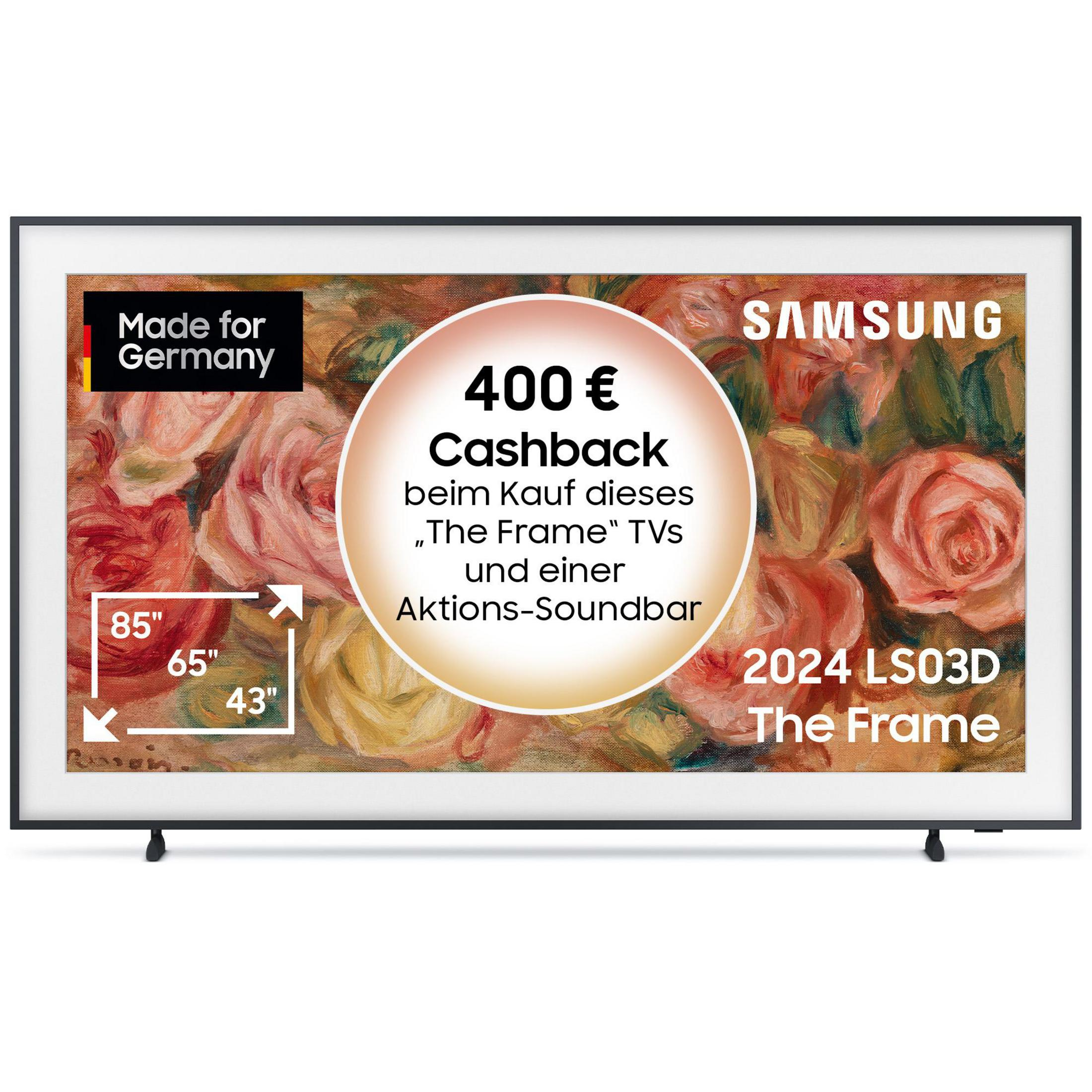 Telewizor Samsung z ramą, z wyświetlanym tekstem i wymiarami.