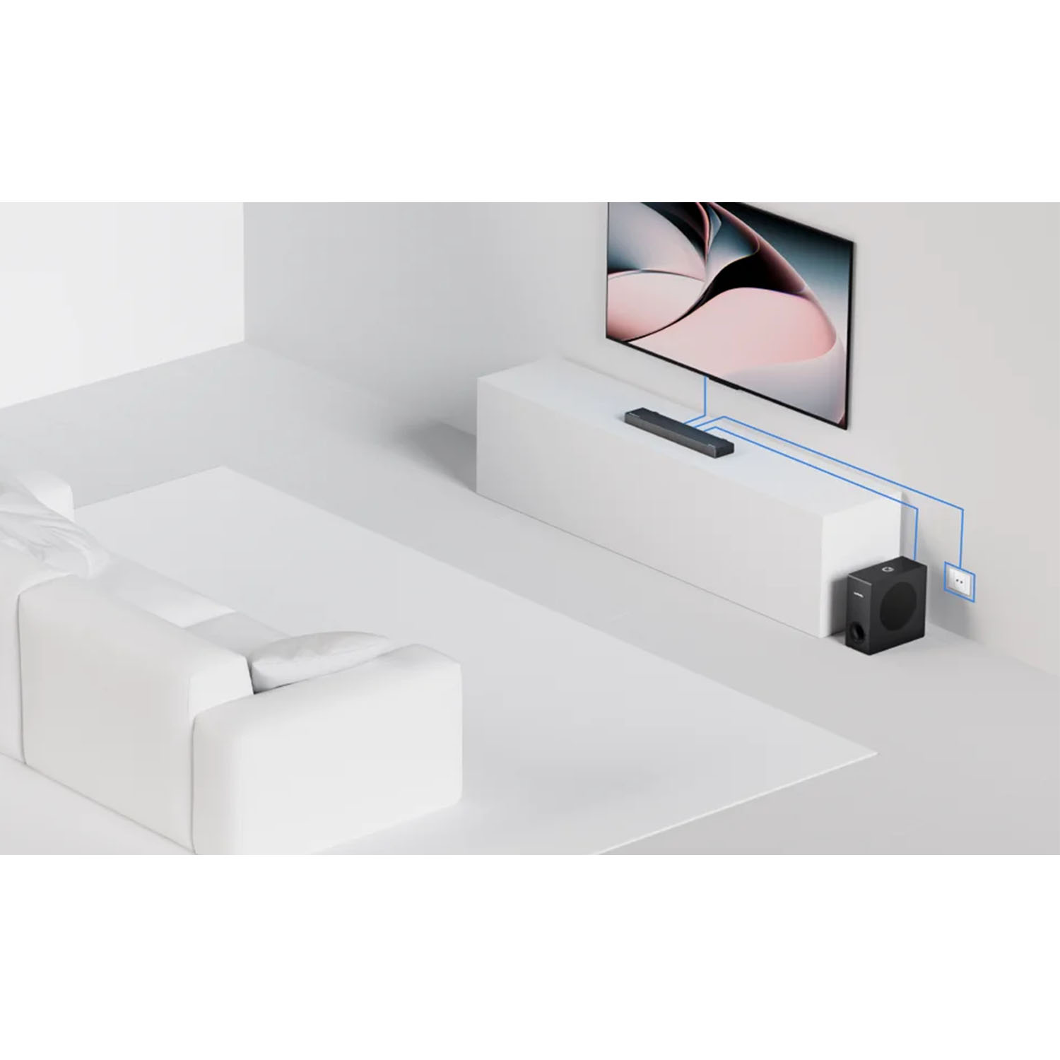 Fernseher mit Soundbar und Subwoofer. Weißer Raum mit weißem Sofa.