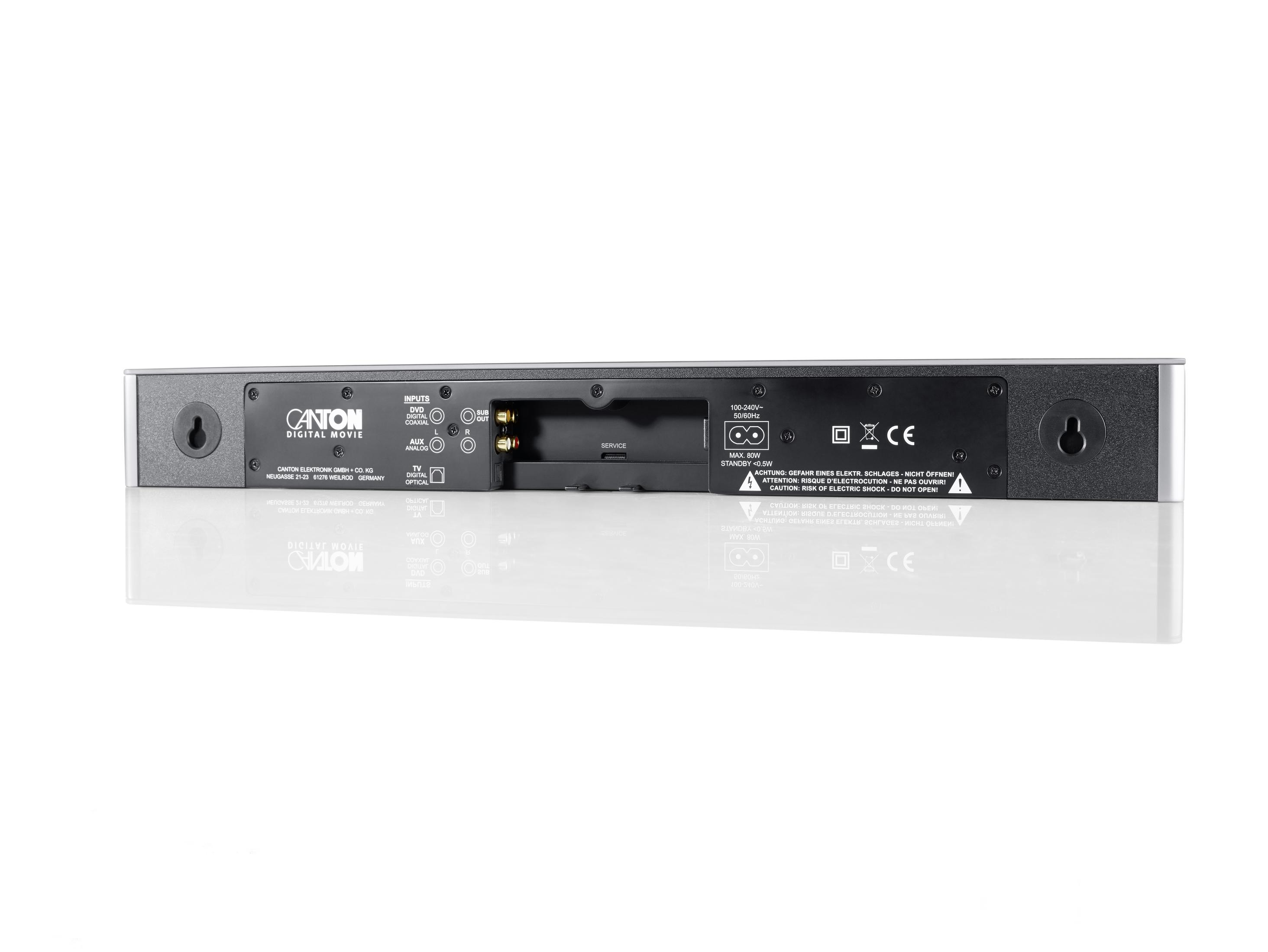 Rückseite einer Soundbar mit Anschlüssen und Befestigungslöchern. Weißer Hintergrund.