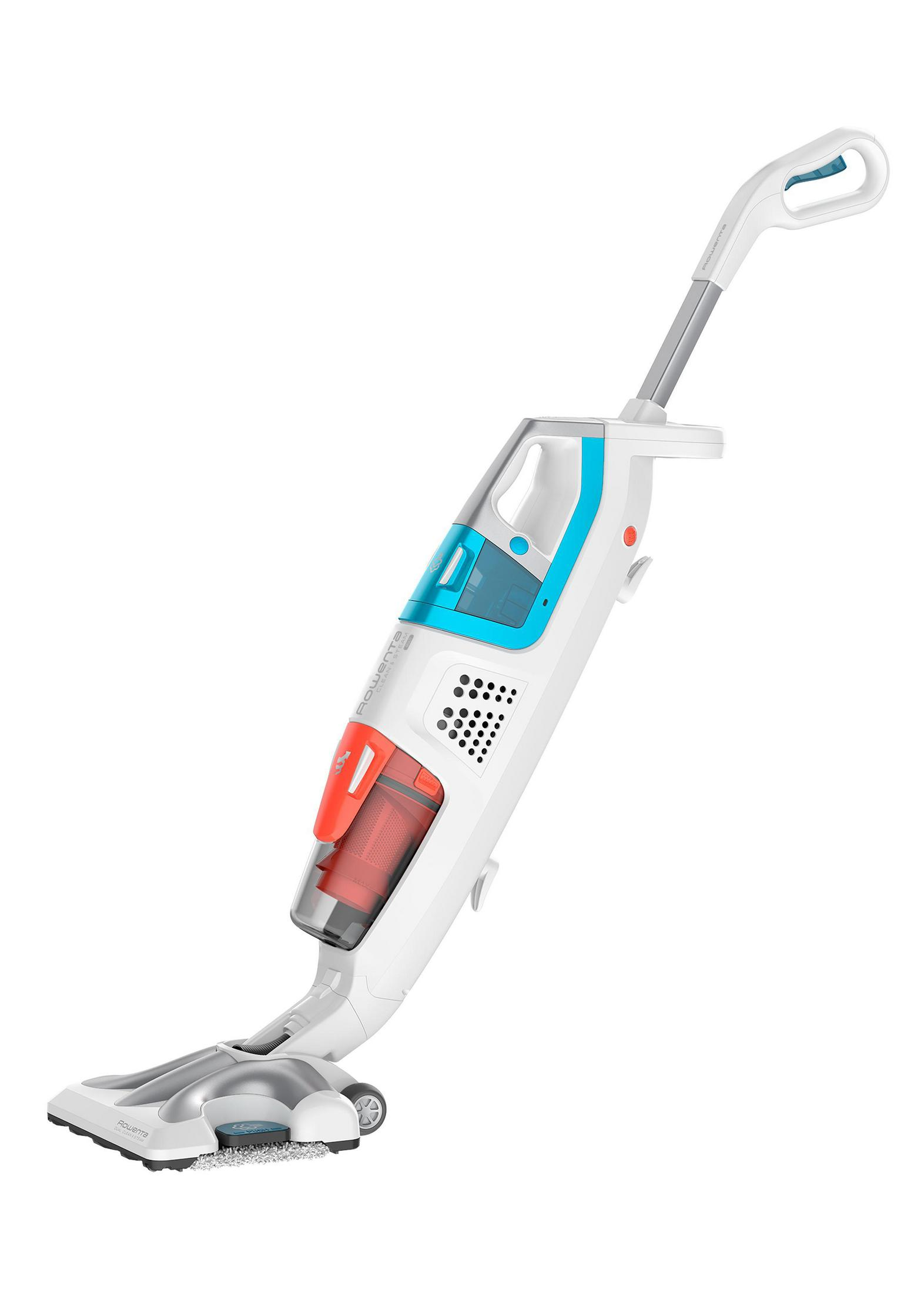 Fregona de vapor blanca y azul. Tiene un asa y un cabezal de limpieza.