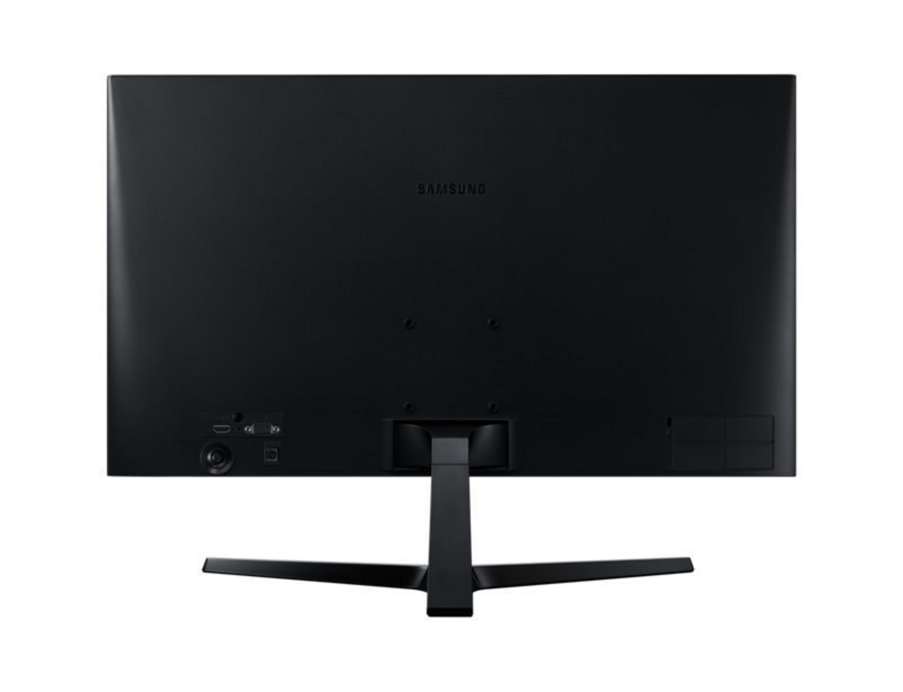 Rückseite eines schwarzen Samsung-Monitors mit Anschlüssen, Ständer ist schwarz, auf weißem Hintergrund.