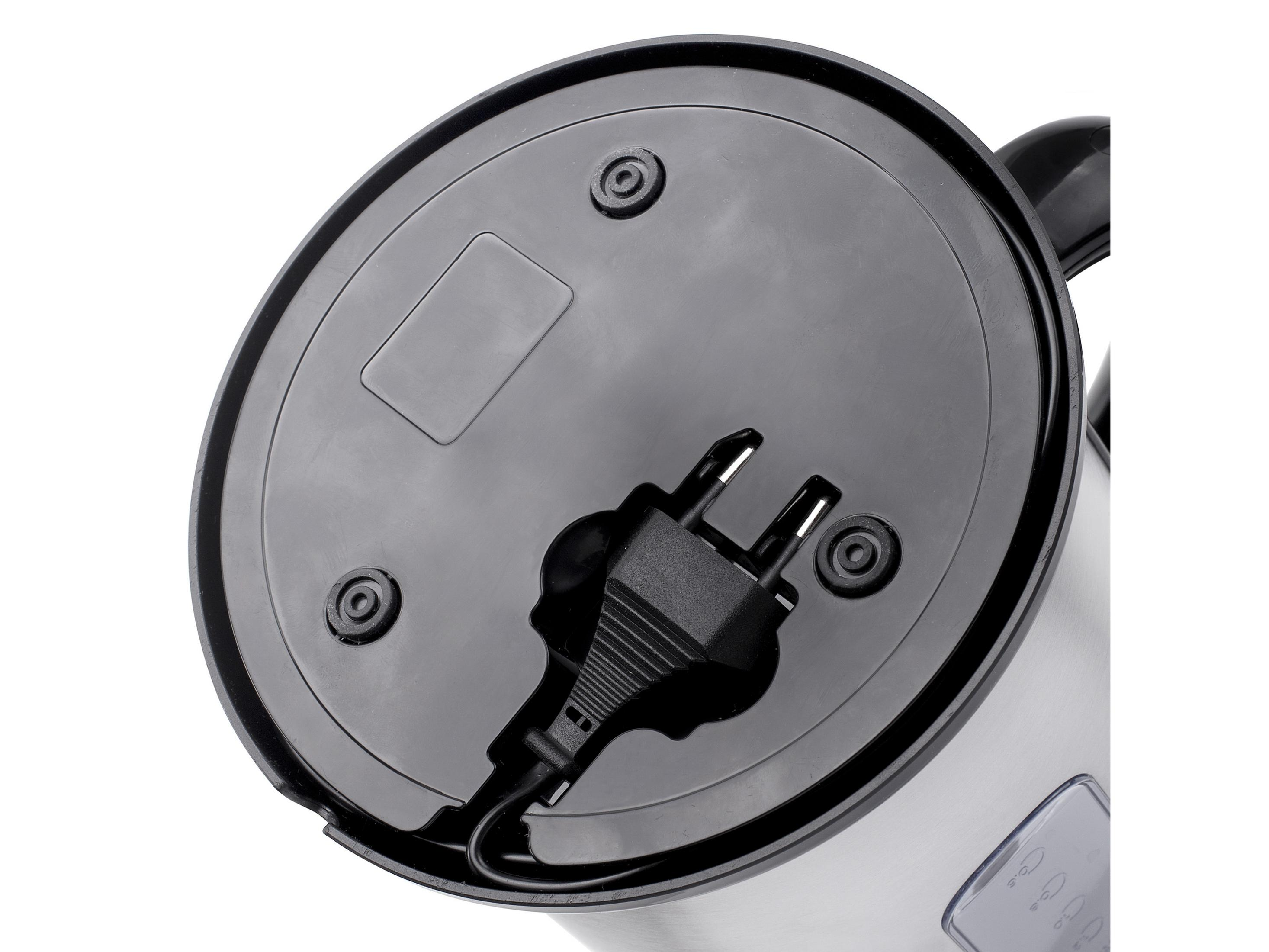 Die Unterseite einer Saftpresse, mit Sockel, Netzkabel und schwarzem Kunststoffdesign.