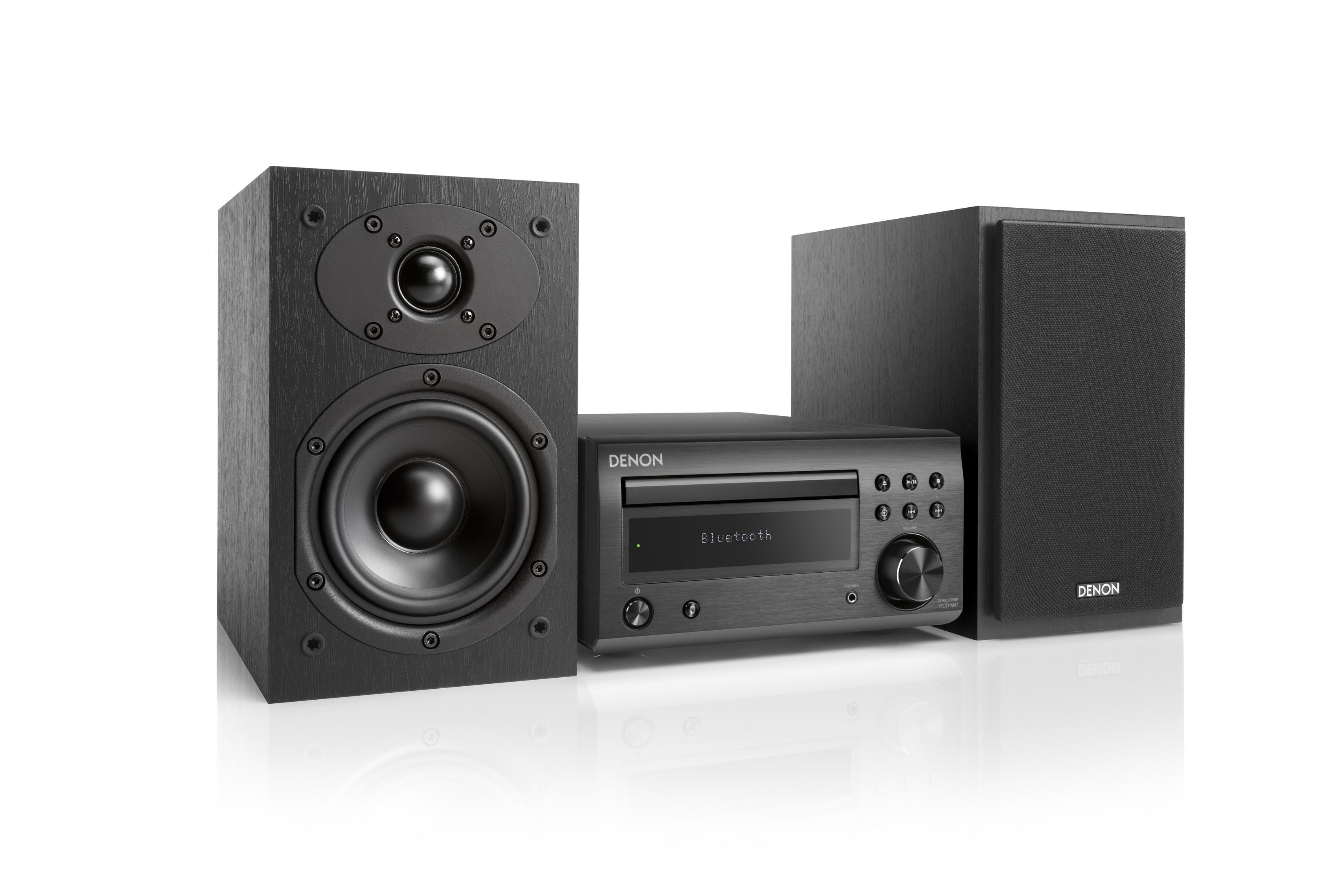 Sistema estéreo negro con dos altavoces y una unidad central.