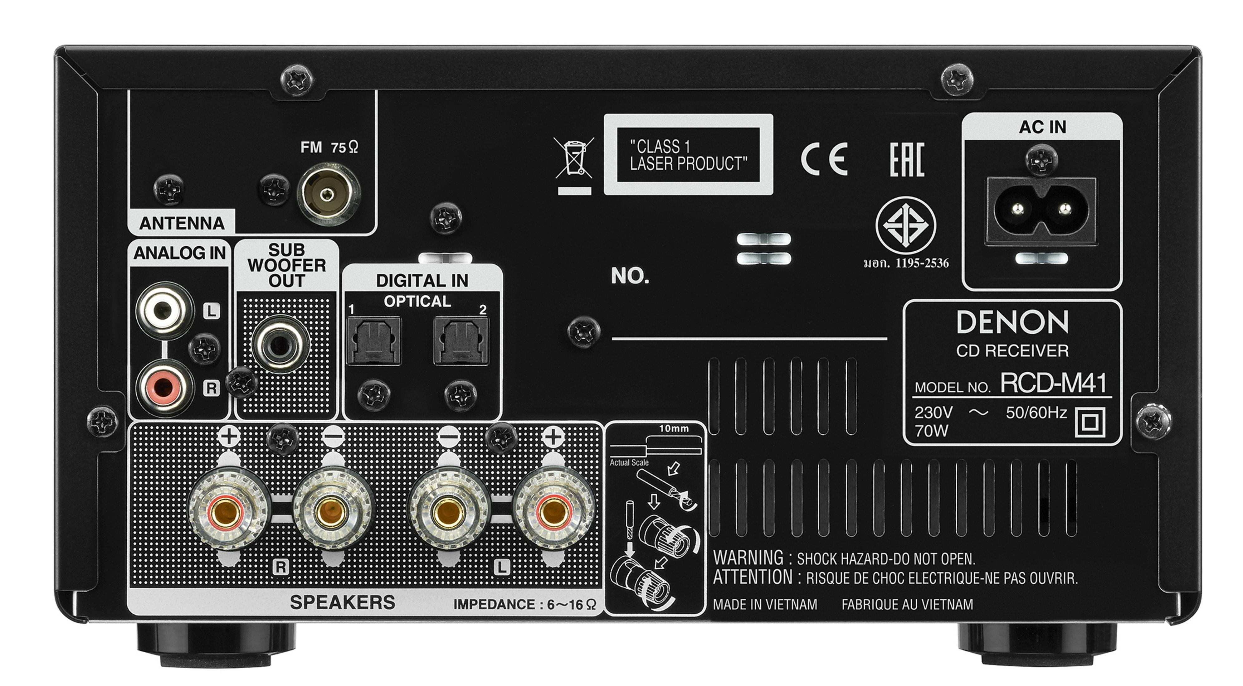 Parte trasera de un receptor de CD con varios puertos de conexión.