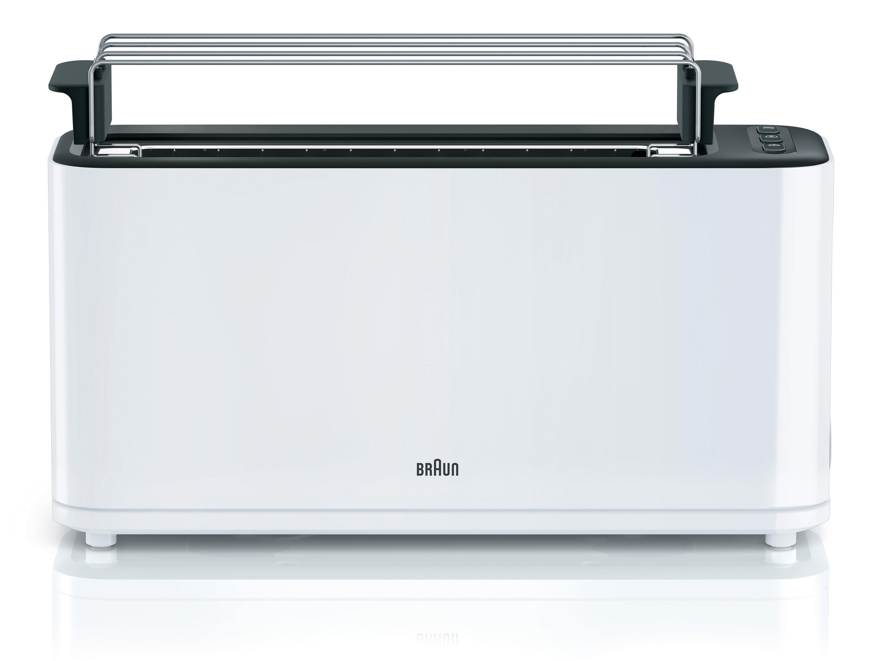 Biały toster. Góra ma czarne akcenty. Marka 'Braun' jest widoczna.