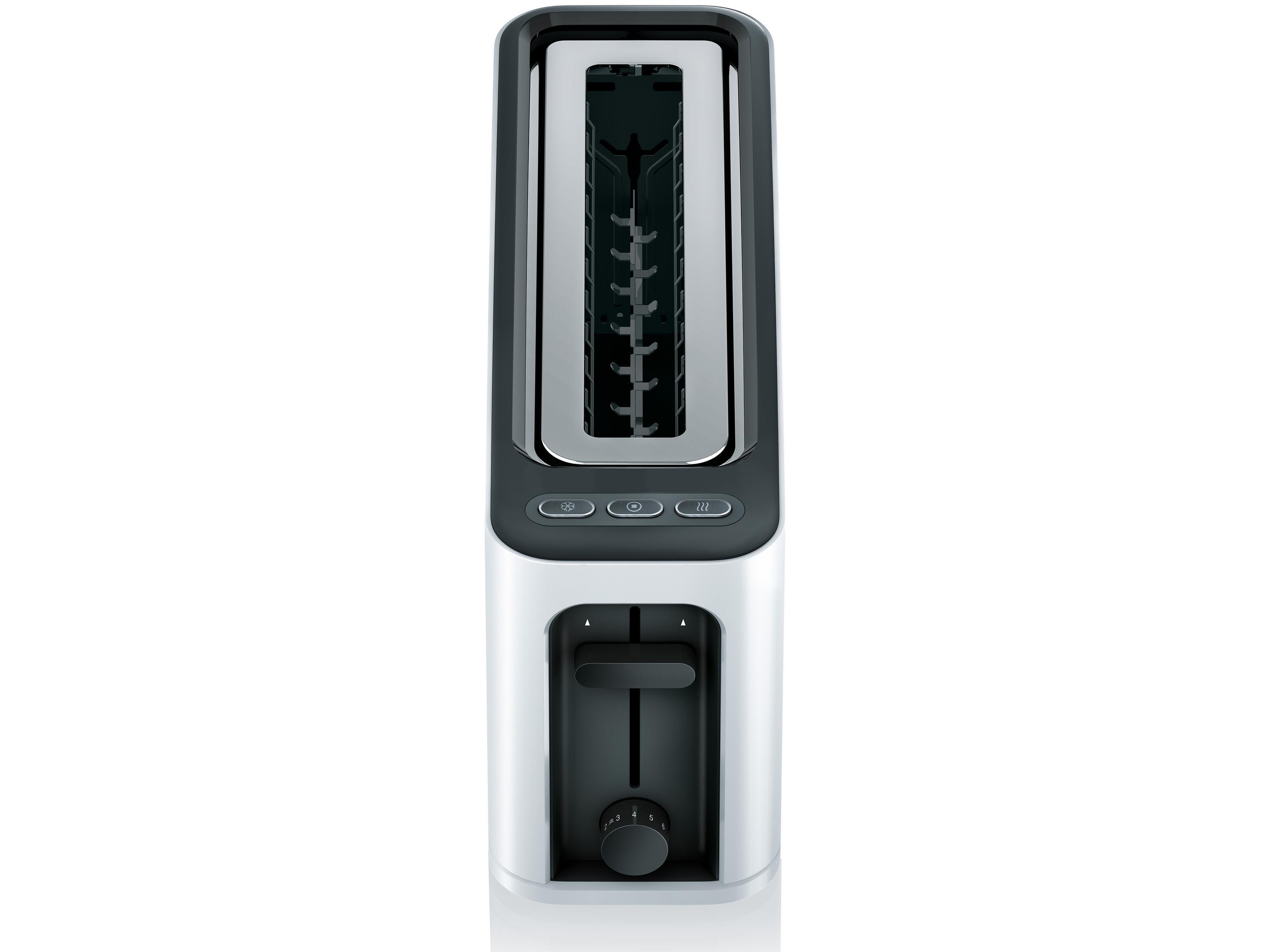 Biały toster z czarnymi akcentami. Przyciski sterowania na górze. Widoczna marka 'Braun'.