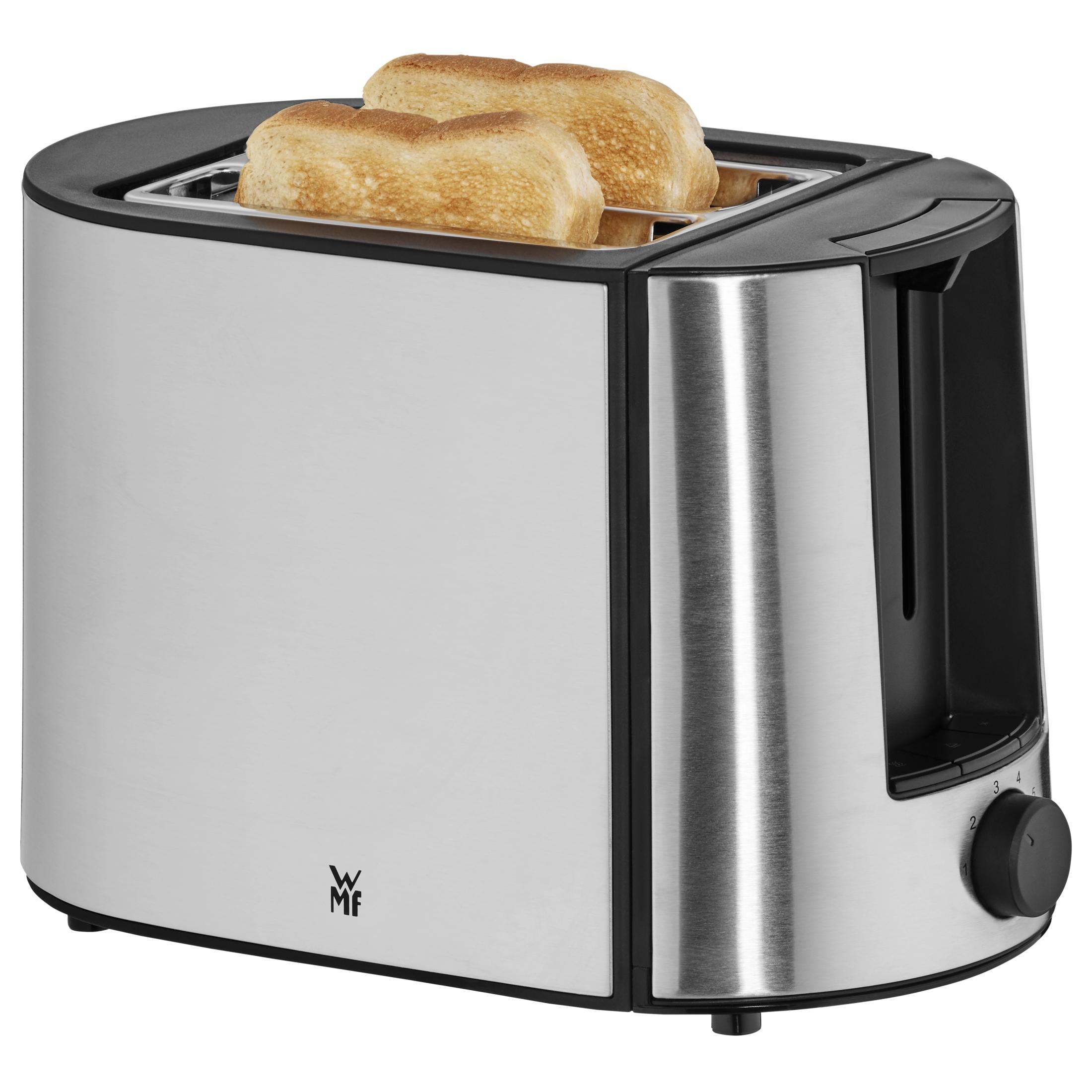 Srebrny toster z dwoma kromkami tostowanego chleba w środku. Czarny pokrętło sterowania z boku.