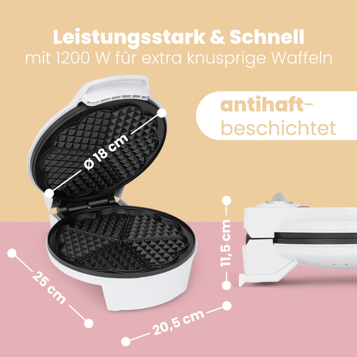 Gofrownica pokazująca wymiary i cechy. Niemiecki tekst opisuje jakość gofra i powłokę nieprzywierającą.