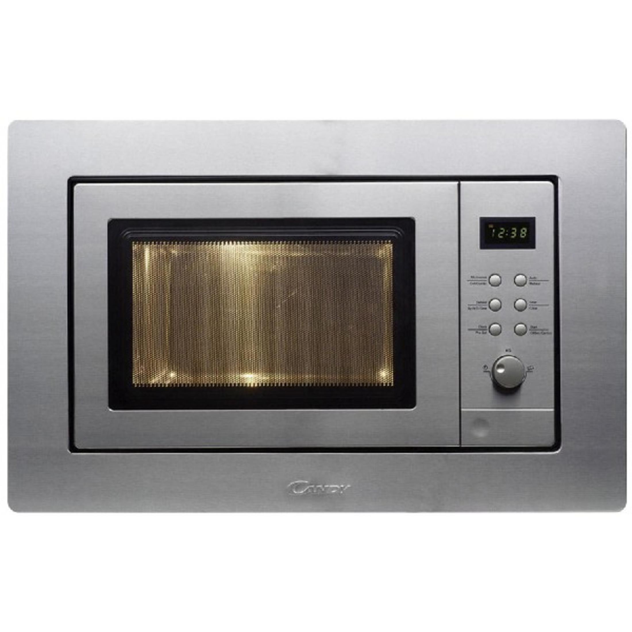 Srebrna mikrofala do zabudowy. Cyfrowy wyświetlacz pokazuje czas. Przyciski i pokrętło.